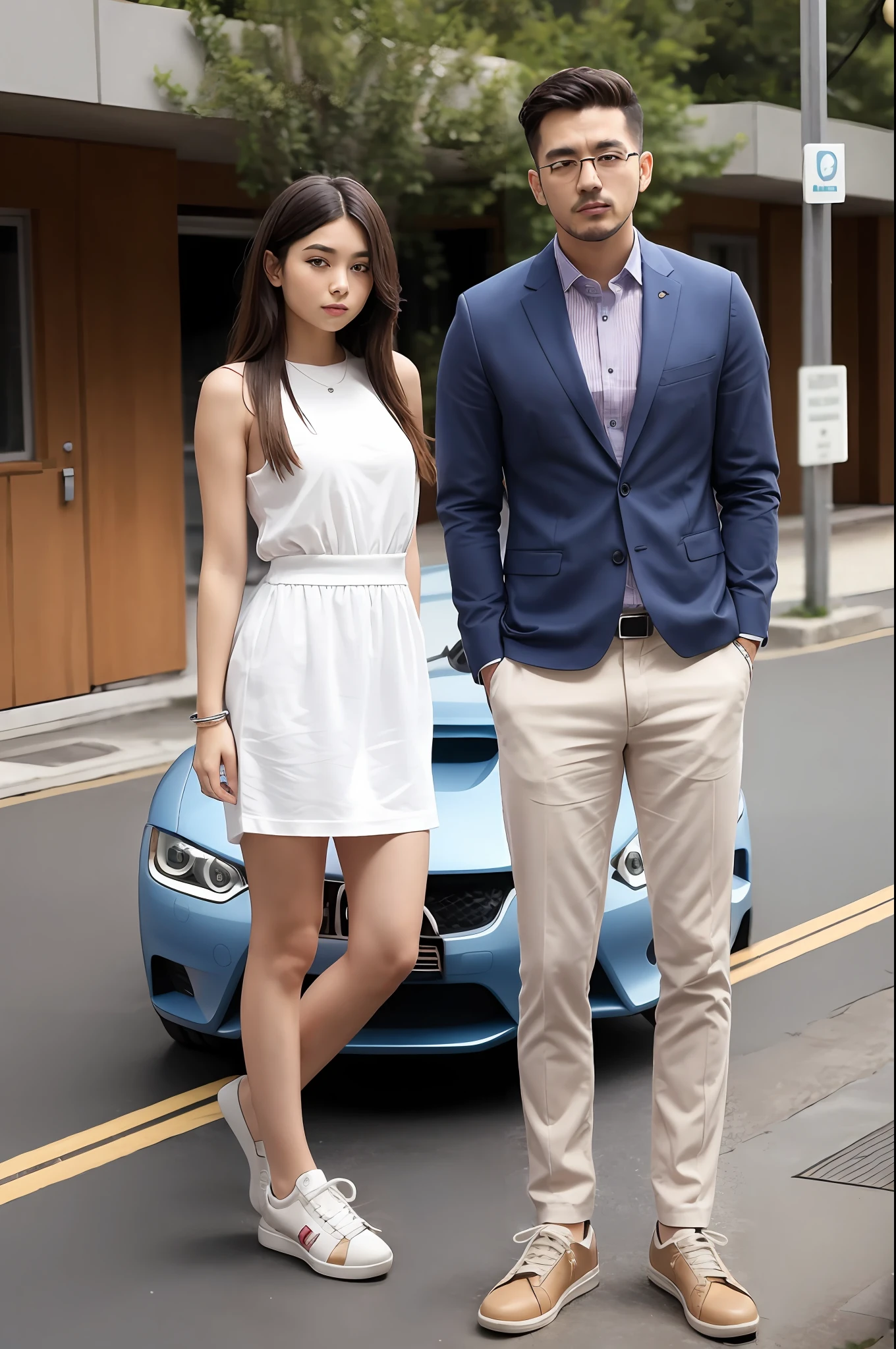 Older youth,Professional Dress,Wrist watch,Lunette de soleil,Stand next to the sports car