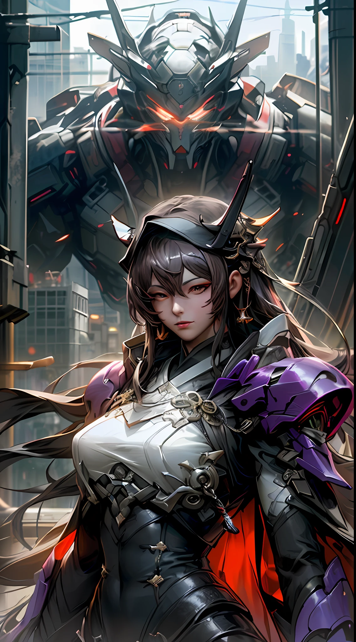 Anime characters with a huge domineering reloaded armed robot in the background, 2. 5 D CGI anime fantasy artwork, by Yang J, Mechanized Valkyrie girl, cgsociety and fenghua zhong, portrait of a cyborg queen, ellegance，plumw，Detailed digital anime art, cyberpunk anime girl mech, Digital cyberpunk anime art, Inspired by Fenghua Zhong, advanced digital anime art