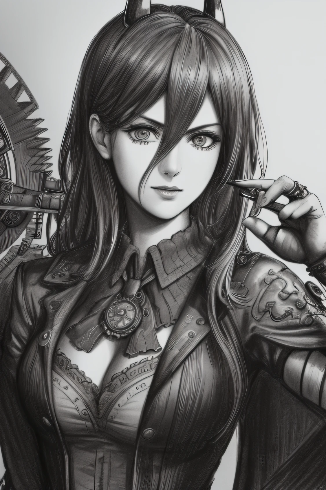 A captivating 4K HDR pencil drawing in a greyscale style, depicting a powerful female character from Chainsaw Man in a steampunk-inspired aesthetic. The drawing showcases the intricate details of her steampunk power, with gears, mechanical elements, and ornate designs intricately integrated into her form. The pencil strokes bring depth and texture to the drawing, capturing the interplay of light and shadow. The greyscale palette adds a dramatic and timeless quality to the artwork. Style: Detailed pencil drawing with a focus on intricate linework and shading, emphasizing the steampunk aesthetic and the character's power. Execution: Created using high-quality pencils on fine-grained paper, employing various shading techniques to achieve a realistic depiction of the steampunk aesthetic and capturing the power of the female character from Chainsaw Man.