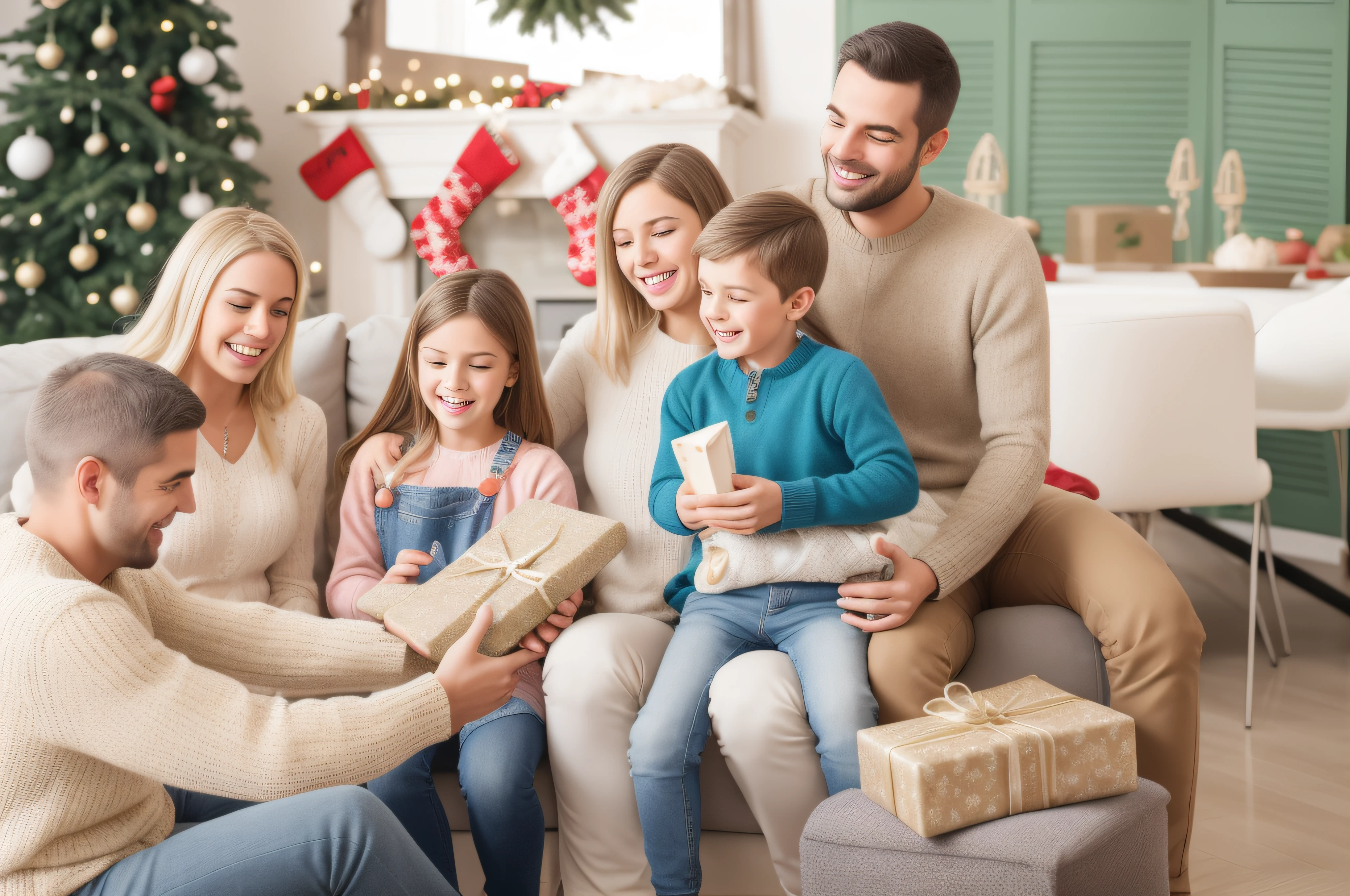 Smiling family open gift in living room with Christmas tree background, giving gifts to people, shutter inventory, festivity, Gifts, Holiday, warm and joyful atmosphere, stockphoto, stock image, istock, Festive atmosphere, imagem de qualidade alta, author:Maximilian Vanka, is playing happily, Uptrend ,, Happy family, hyper realisitc, families playing
