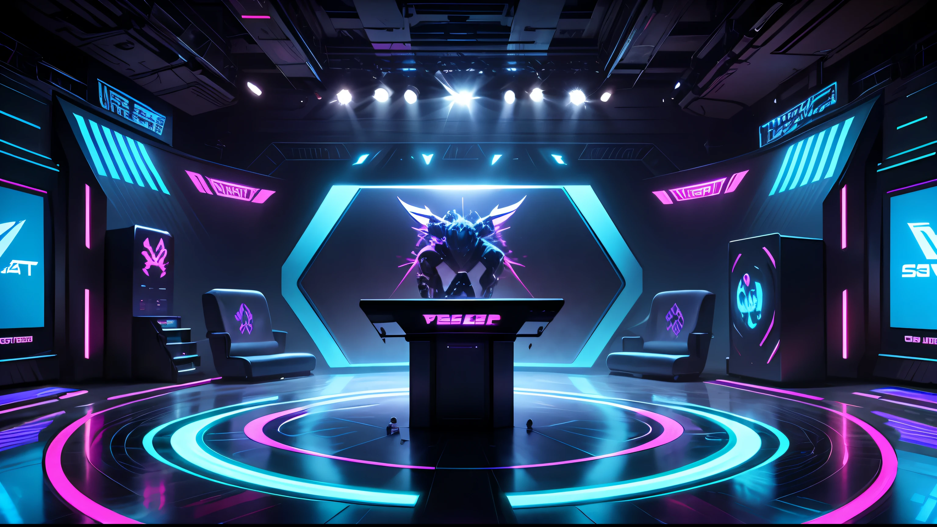 Esports theme，cyber punk perssonage，large screens，stage，sci-fy，game table:0.1 --auto