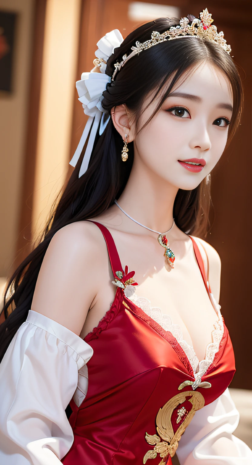 1 young queen wearing a red lace blouse， Bigchest，a deep-breasted nightgown，Chinese style clothes，Ancient costumes with many phoenix motifs，Flawless white and pink face，crown on her head，Black hair waist-length，very beautiful and sharp brown eyes，small red lips，Colored lips，Enchanted smile，Jewelry worn around the neck，耳Nipple Ring，White uniform teeth，tall nose bridge，big round breasts， slenderlegs，thin mesh black socks，sportrait，most realistic，HighestQuali，best pixels，8K Ultra，