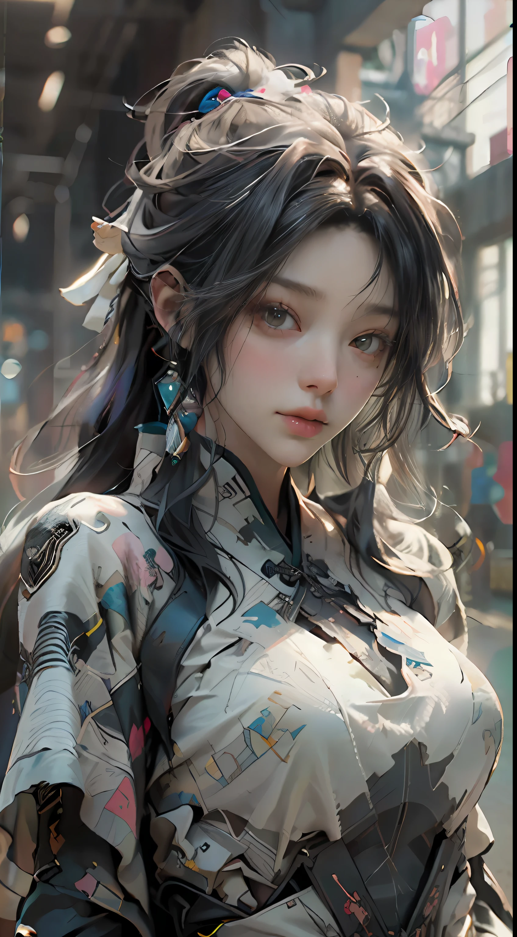 (Best Quality), (Masterpiece), (Detail: 1.4), 3D, A Beautiful Cyberpunk Female Figure, HDR (High Dynamic Range), Ancient Chinese Costumes, Satin Clothing, Ray Tracing, NVIDIA RTX, Super-Resolution, Unreal 5, Subsurface Scattering, PBR Textures, Post-processing, Anisotropic Filtering, Depth of Field, Maximum Sharpness and Sharpness, Multi-layer Textures, Albedo and Highlight Maps, Surface Shading, Accurate simulation of light-material interactions, Perfect Proportions, Octane Render, Bicolor Light, Large Aperture, Low ISO, White Balance, Rule of Thirds, 8K RAW,