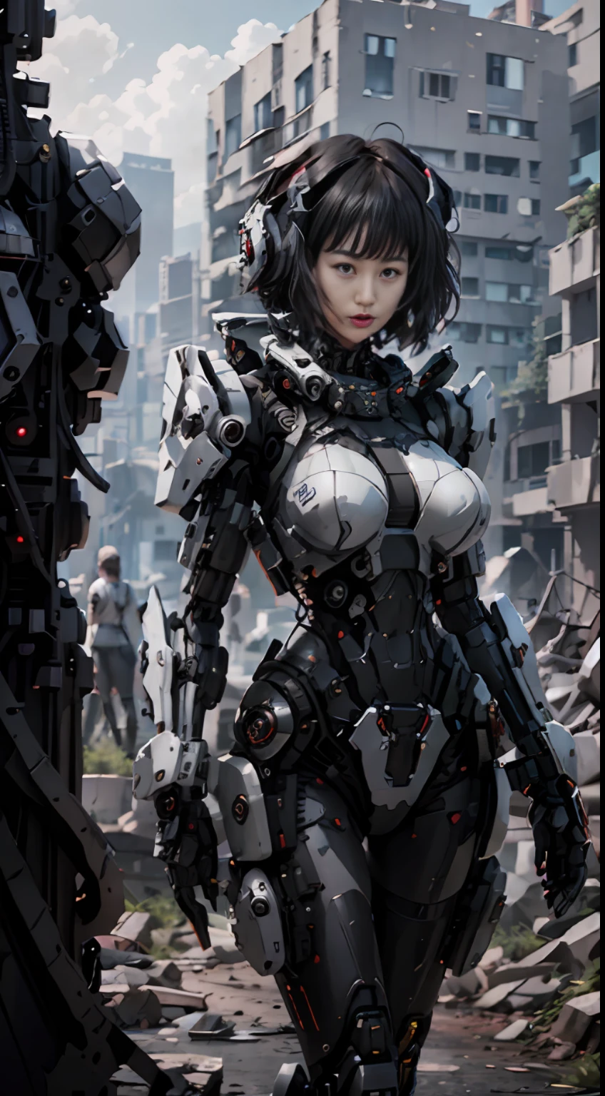 This is a CG Unity 8k wallpaper with ultra-detailed, high-resolution and top quality in cyberpunk style, dominated by black and red. In the picture, a beautiful girl with white messy short hair, a delicate face, standing on the ruins, behind her is a huge robot, and the action of a woman holding a heavy sniper rifle in her hand,