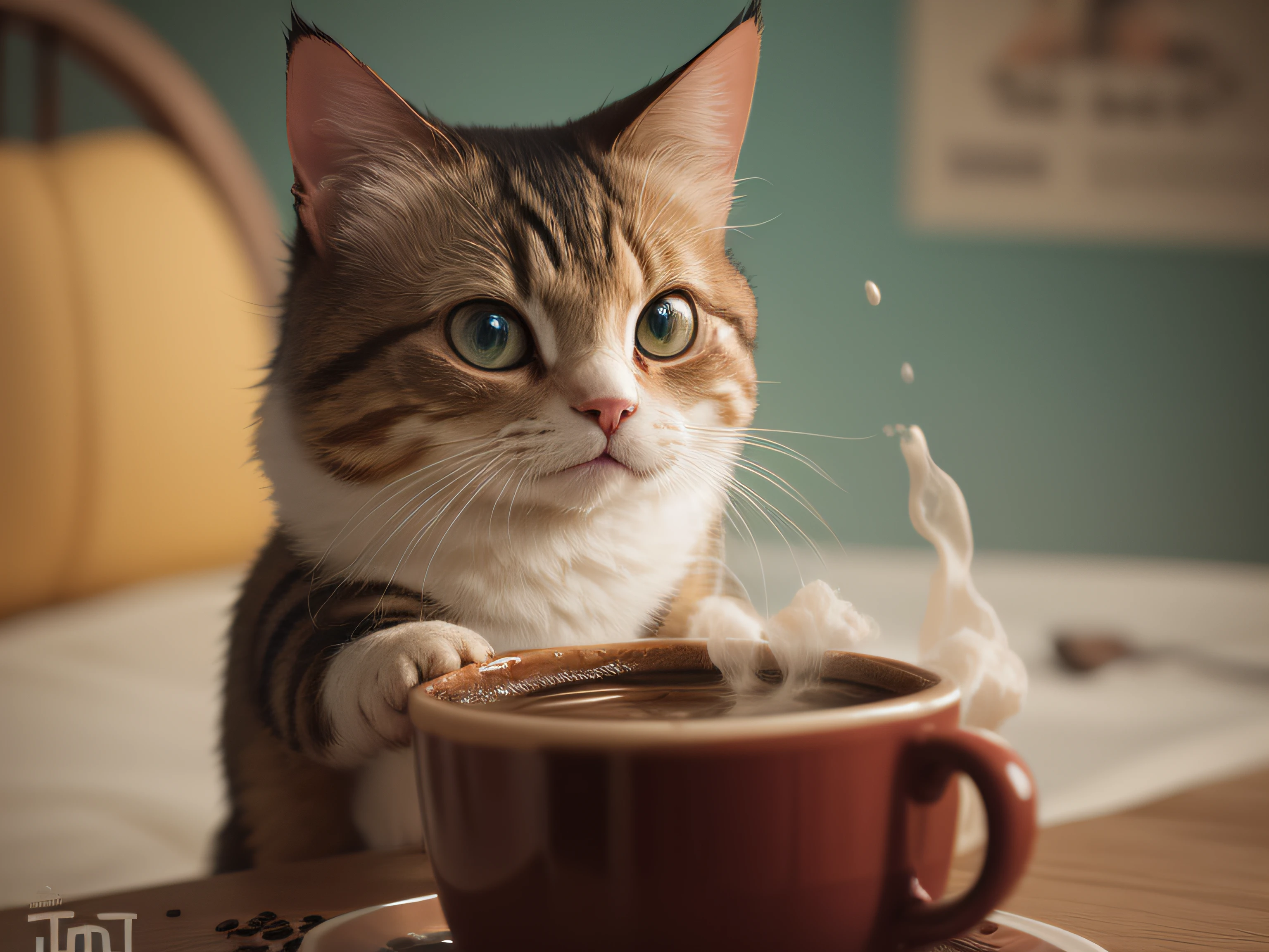 American coffee poster，Muppet cat，Coffee splashes，Super realistic，Nice details