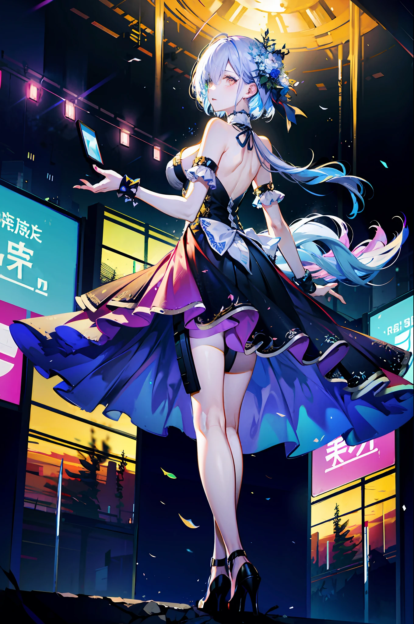 (best qualtiy,8K,Beautiful wallpapers,detailed back ground,A high resolution,absurderes,full bloom,messy hair,shinny hair,Exposure to light,Bright pupils),1个Giant Breast Girl,Focus on the legs,receiver,long whitr hair,silber hair,Huge breasts,standing on your feet,Behind the arm,Stage,spotlight lights,glass ceilings,Shen He(the original god),Hair_decorations,Hair is more than one eye,designer dress,dutchangle_Angle,