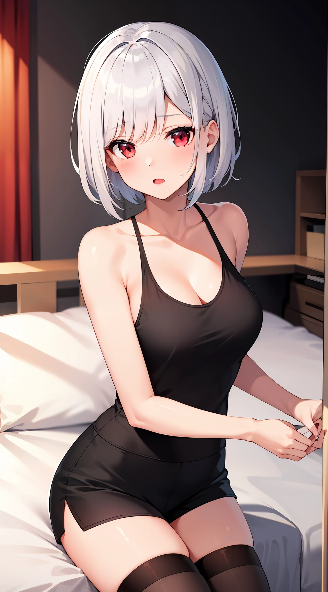 masterpiece, high quality, 1girl, white hair short hair, red eyes, tight black long tanktop, black hotpants, black stockings, thighhighs, at the bedroom