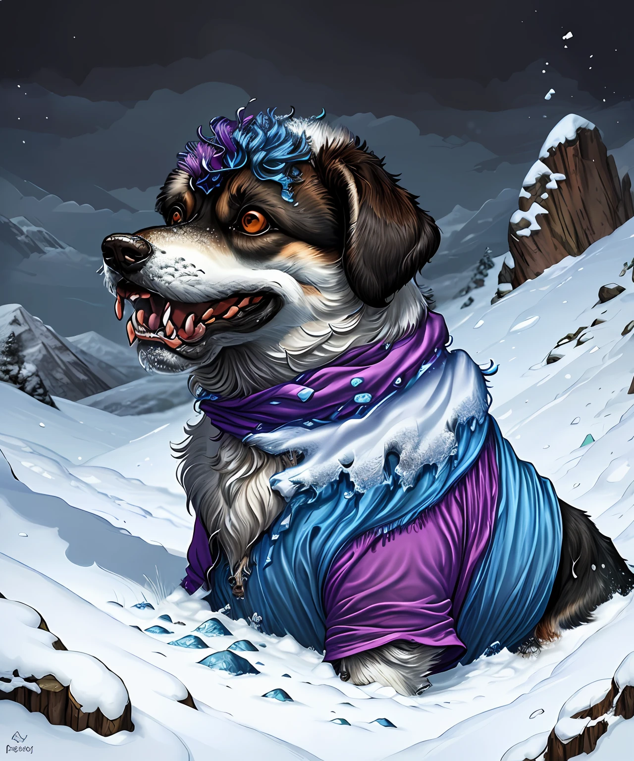 (in dripping art style) Gertrude, With this loyal dog at your side, you have a companion who can help you make it through even the most treacherous of avalanches in Pale Pass and other mountainous areas … even if it has to pull you out from under a pile of fallen snow and detritus, dripping snow, dripping ice, Masterpiece, Best Quality