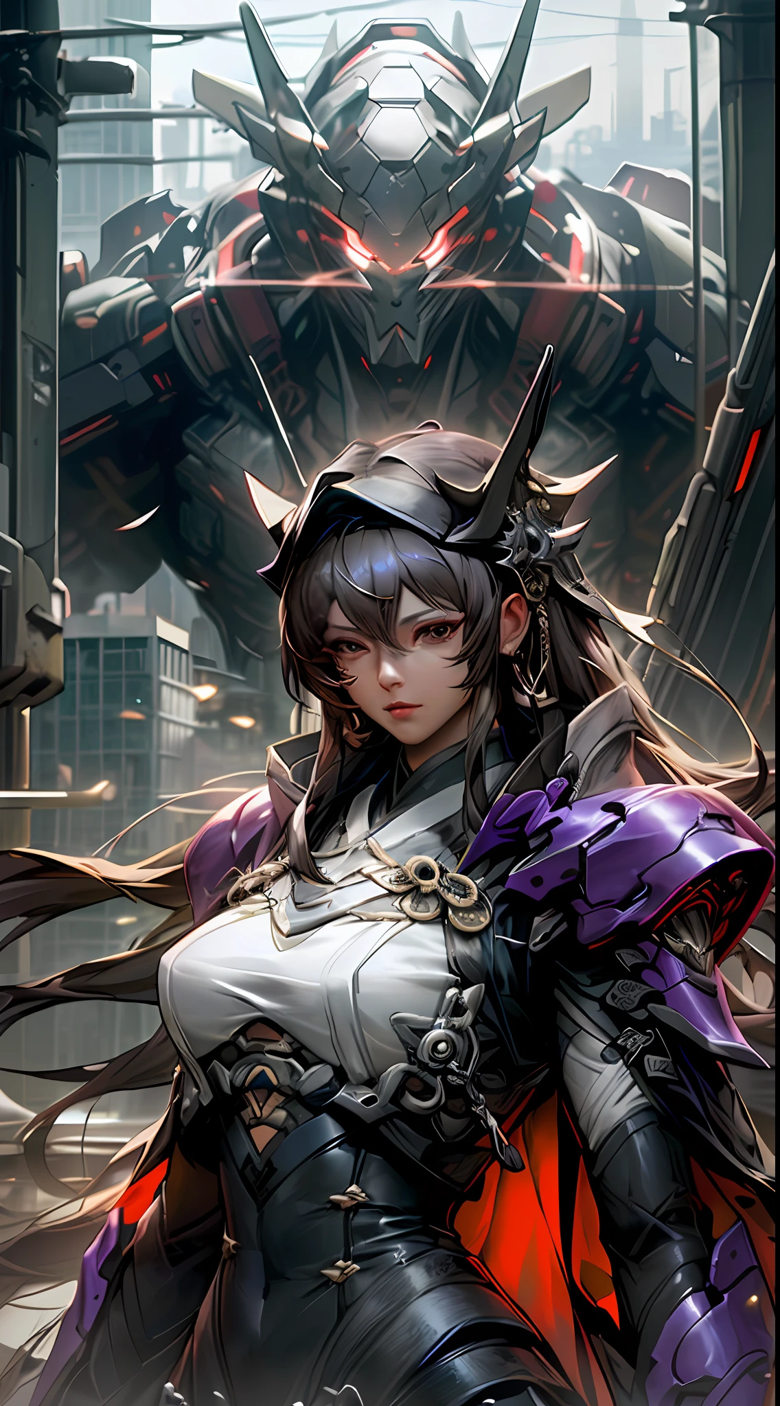 Anime characters with a huge domineering reloaded armed robot in the background, 2. 5 D CGI anime fantasy artwork, by Yang J, Mechanized Valkyrie girl, cgsociety and fenghua zhong, portrait of a cyborg queen, ellegance,plumw,Detailed digital anime art, cyberpunk anime girl mech, Digital cyberpunk anime art, Inspired by Fenghua Zhong, advanced digital anime art