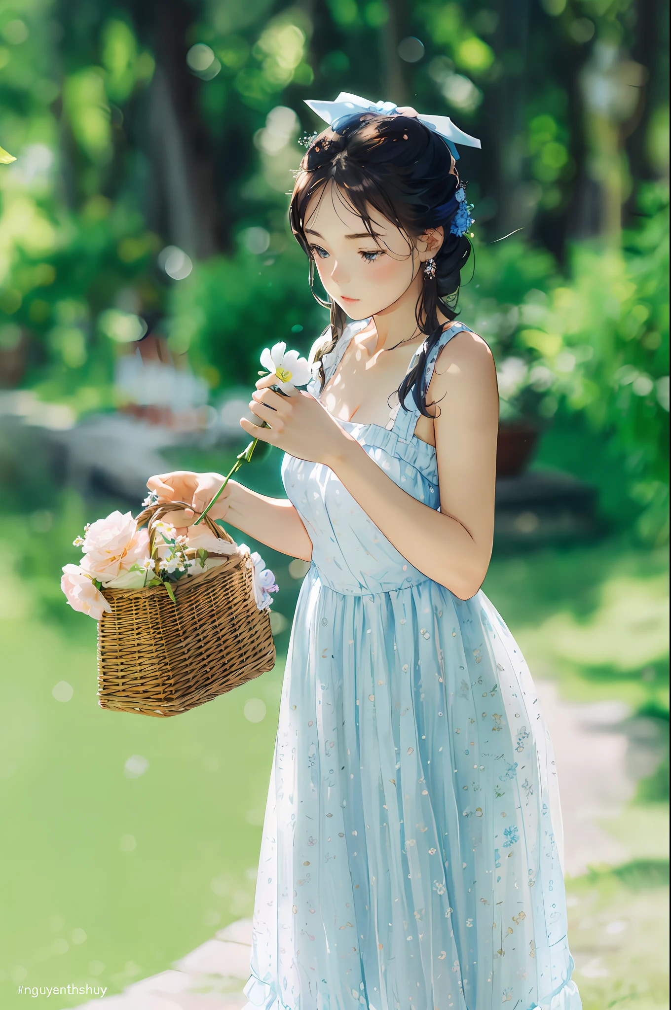 there is a woman in a blue dress holding a basket of flowers, lovely and cute, straw, young and cute girl, beautiful image, a cute young woman, full body cute young lady, light blue dress portrait, cute young woman, summer afternoon, cute and lovely, sky - blue dress, summer morning light, ethereal and dreamy theme, cute young girl, cute woman