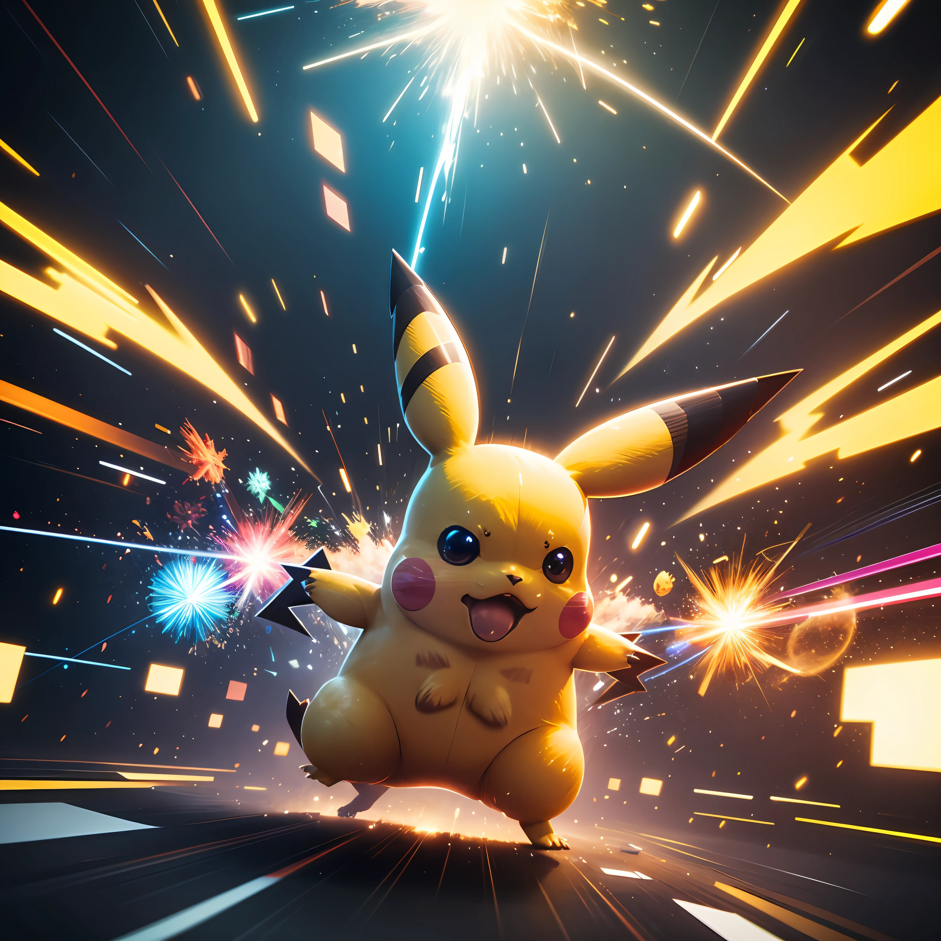 pikachu, special effects, sparks, debris, camera shake, low angle shot, close-up on facial expressions, wide shot capturing the chaos, dynamic camera movement,Cinema 4D --ar 3:4 --auto