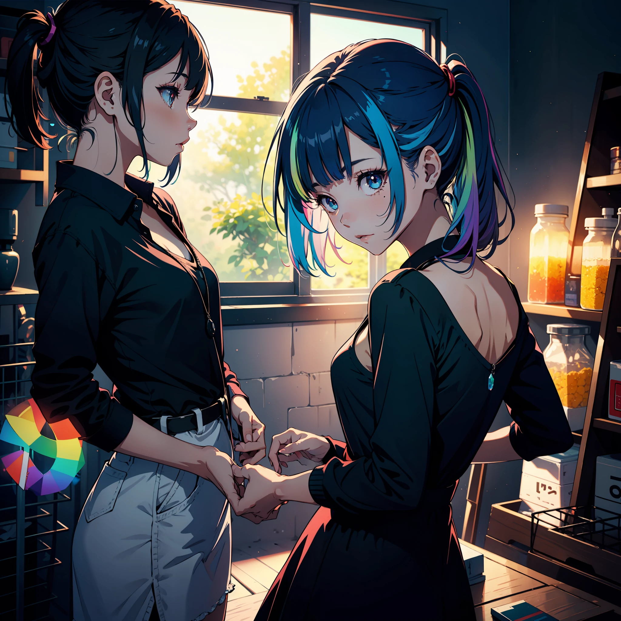 A girl,rainbow colour hair,Iridescent gemstone eyes,Simple dark background,The light from the back window is backlighted,black color dress,Simple decoration,Face in Focus,The picture has layers
