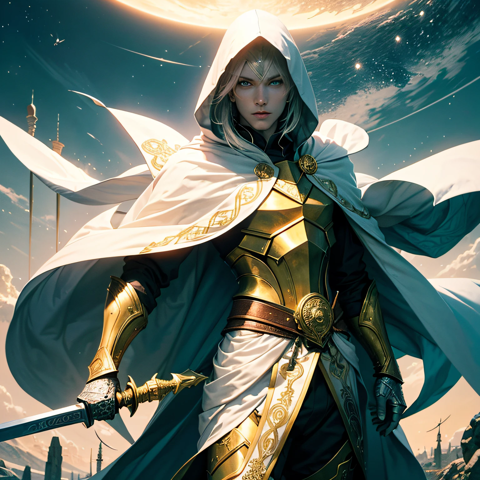 mtu,white skinned,large tall,being thin,Holding a golden sword in his hand,cloaks,Need,quadratic element,年轻,pretty --auto