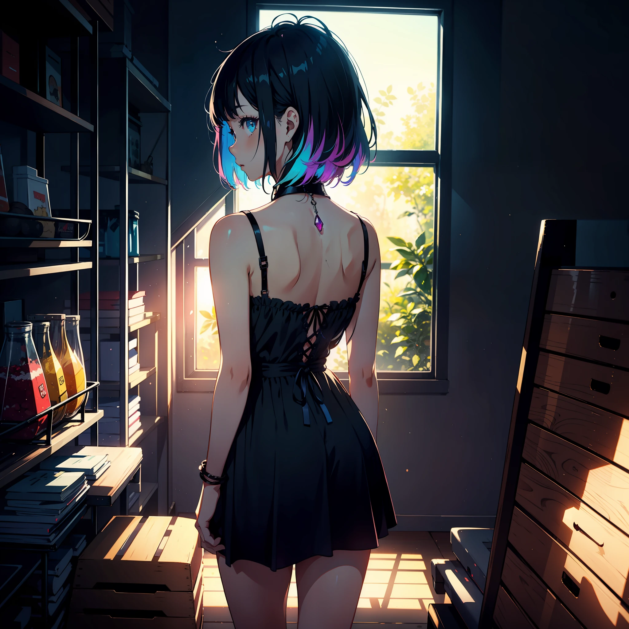 A teenage girl,rainbow colour hair,Iridescent gemstone eyes,Simple dark background,The light from the back window is backlighted,black color dress,Simple decoration,Face in Focus,The picture has layers