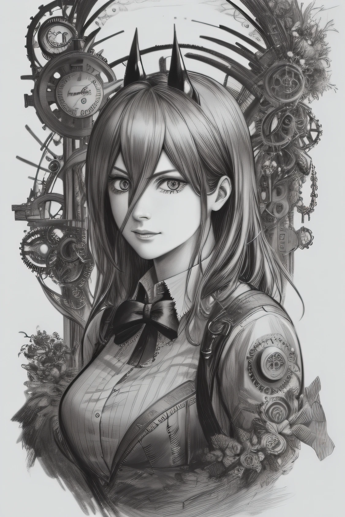 A captivating 4K HDR pencil drawing in a greyscale style, depicting a powerful female character from Chainsaw Man in a steampunk-inspired aesthetic. The drawing showcases the intricate details of her steampunk power, with gears, mechanical elements, and ornate designs intricately integrated into her form. The pencil strokes bring depth and texture to the drawing, capturing the interplay of light and shadow. The greyscale palette adds a dramatic and timeless quality to the artwork. Style: Detailed pencil drawing with a focus on intricate linework and shading, emphasizing the steampunk aesthetic and the character's power. Execution: Created using high-quality pencils on fine-grained paper, employing various shading techniques to achieve a realistic depiction of the steampunk aesthetic and capturing the power of the female character from Chainsaw Man.