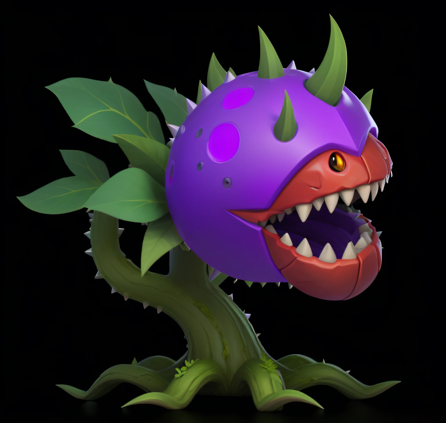Close-up of purple and green monsters with green leaves, plant monster, plant monster, ogre, exotic plants, rayman legends boss, a humanoid thistle monster, spiky skin, magical garden plant creatures, zerg, cacodemon, alien flora, stylized as a 3d render, large mouth, nightmare render