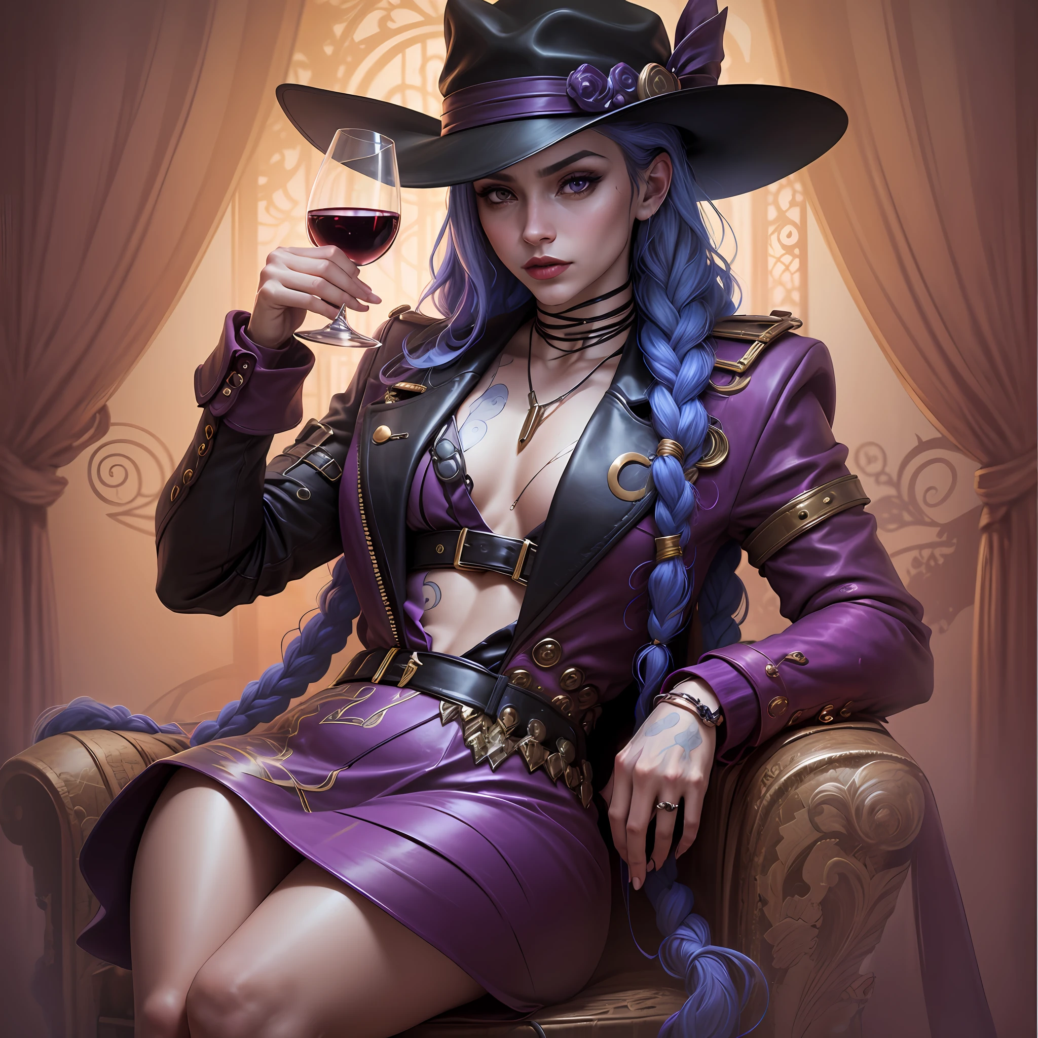 A masterpiece with high detail, Designed in vintage style, depicts Kefka Palazzo from Final Fantasy 6 as a mafia boss wearing a black hat, Who holds a glass of wine. The palette is dominated by a dark purple color, creating an atmosphere of splendor, replete with mysteries;. (Combined tags: Kefka Palazzo, Vintage style, higly detailed, Dark purple light, Mafia boss, black hat, wine)