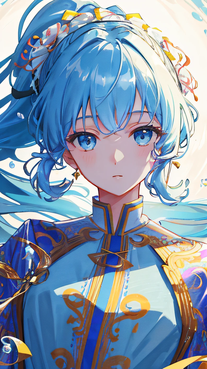 (masterpiece), (best quality), (ultra detailed),(disheveled hair),(illustration), (1girl), (Fashionable clothing), standing, Fashion model, looking at viewer, (interview), (simple background),beautiful detailed eyes, delicate beautiful face, Floating,(high saturation),(colorful splashes),colorful bubble,(shining), focus on face, ponytail, kamisato ayaka, light blue hair, bangs, hair ring, floating flowers, floating hairs, (shining), best lighting, best shadow,