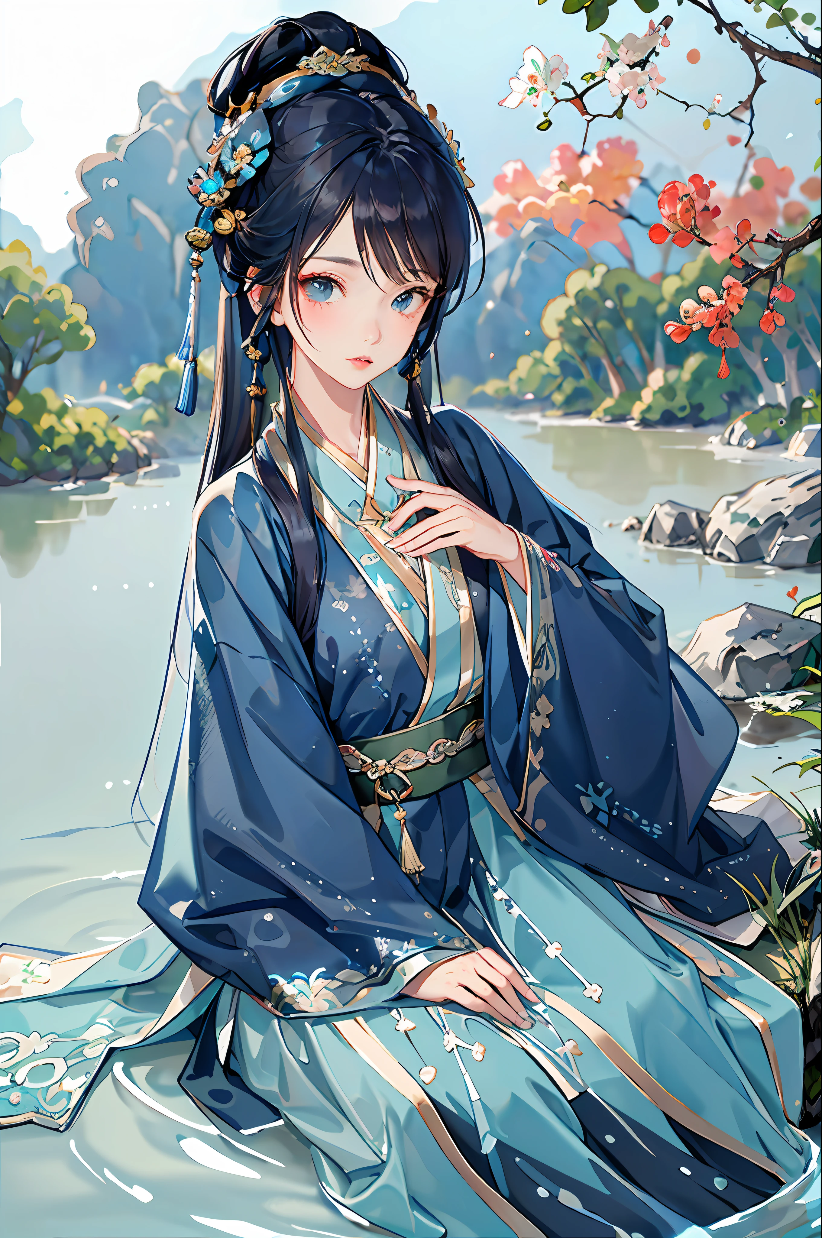 best quality, intricate details, highres,(beautiful detailed water:1.4),(hanfu, han style),