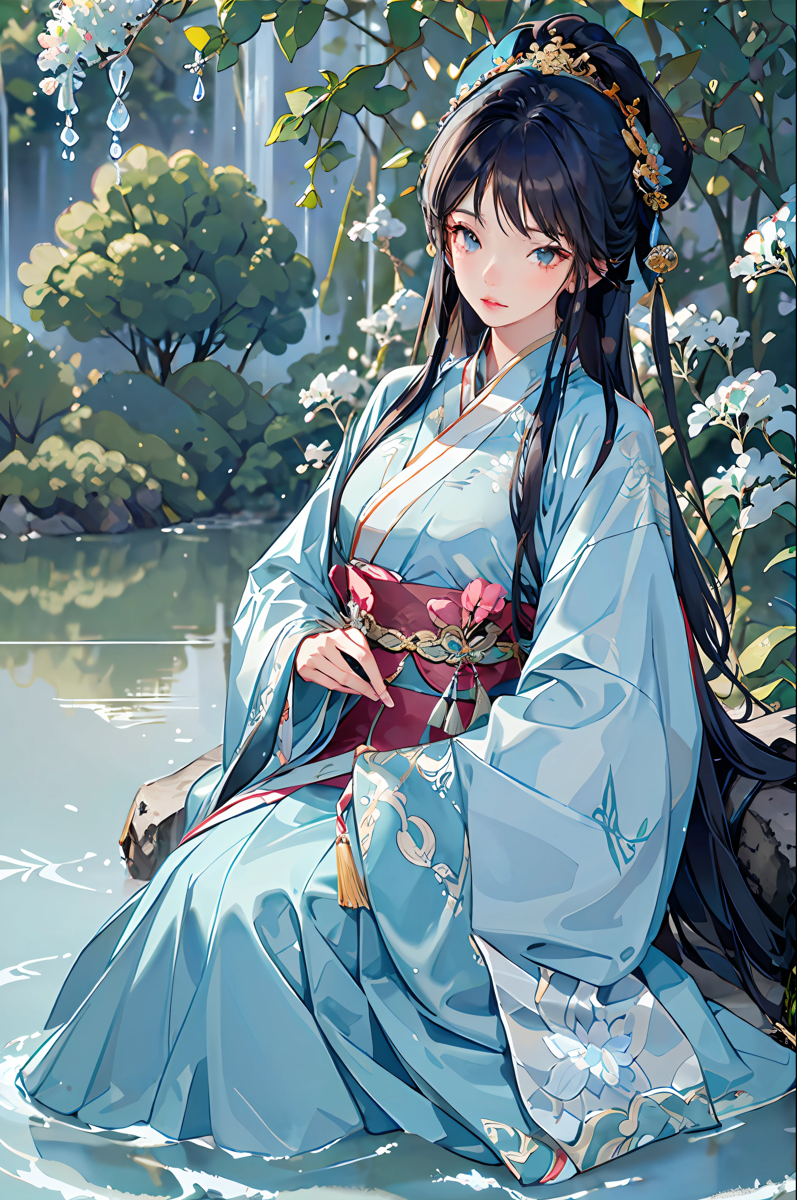 best quality, intricate details, highres,(beautiful detailed water:1.4),(hanfu, han style),