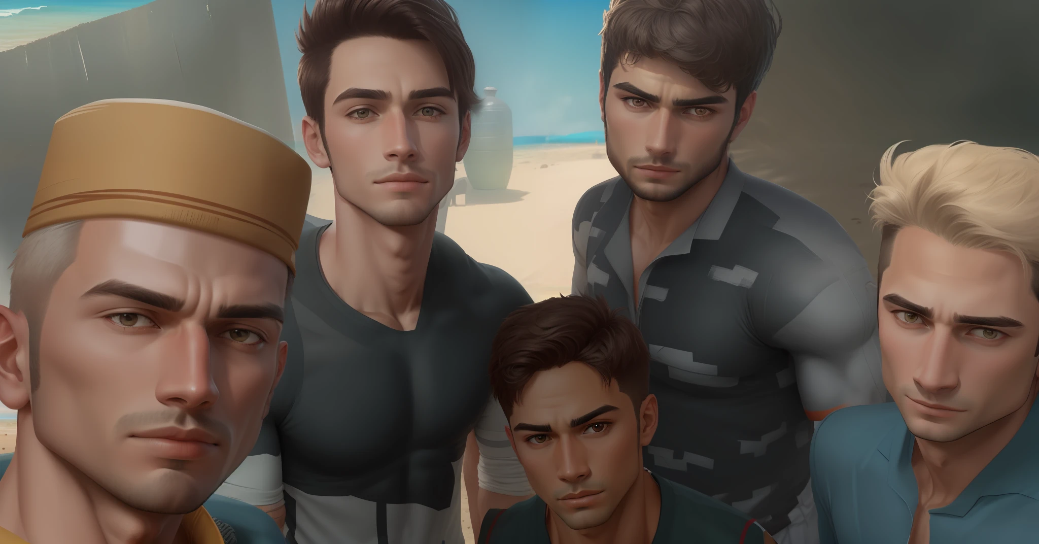 Handsome boys , shirtless , on beach , 8k , ultra hd , highly detailed