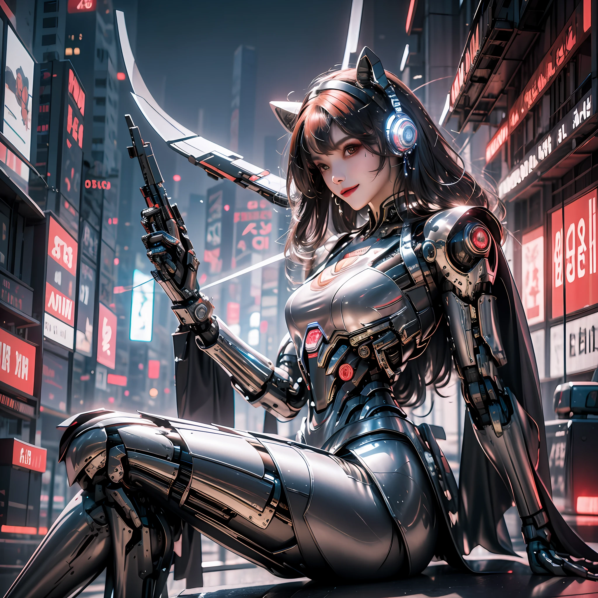 1 girl, Chinese_clothes, metallic black titanium and crimson, cyberhan, cheongsam, cyberpunk city, dynamic pose, detailed luminescent headphones, luminous hair accessories, long hair, luminous earrings, glowing necklace, cyberpunk, high-tech city, full of mechanical and futuristic elements, futurism, technology, glowing neon, red, red light, sexy skirt, transparent black cape, laser light, digital background city sky, big moon, with vehicles, best quality, masterpiece, 8K, Character edge light, super high detail, high quality, the most beautiful woman in human beings, smile, face facing forward and left and right symmetry, ear corner decoration, long antenna glow, beautiful pupils, light effects, visualization data, silver-red-orange hair dyed hair, ultra-detailed facial texture, happy, weapon system, crowded street passers-by, mecha style, wearing a luminous antenna on the head, deep eyes, girly sitting posture