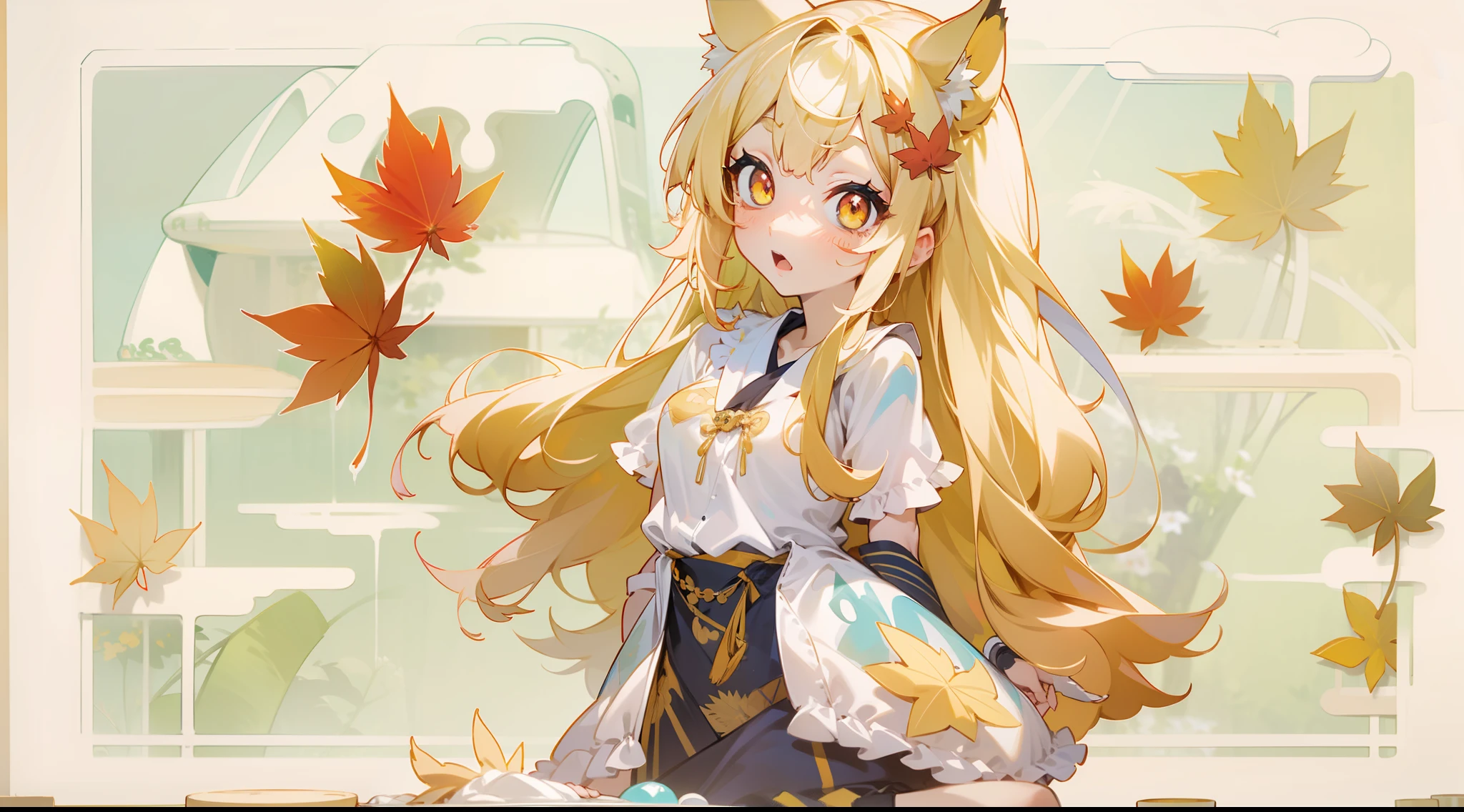 tmasterpiece,Best quality at best,astounding,Intricate and refined delicate details,Very detailed cute illustration,Very detailed cute wallpaper,high-resolution illustrations,dramatic angles,white background,full body,
独奏,(children's:1.3),(adolable:1.0),Beautiful cute eyes,Extremely cute face,Long blonde hair,yellow eyes,(beatiful detailed eyes:1.2),Bigboobs,(aki_shizuha:1.3),sitted,white_frilled_blouse,upper_body,cat ear,(Damp clothes:1.3),
(Cute red dress:1.4),golden hair,maple_leaves,Short socks,shoe,Cute action,adorable expression,(Arm behind your back:1.1),(maple_ leaf_hairpin:1.4),