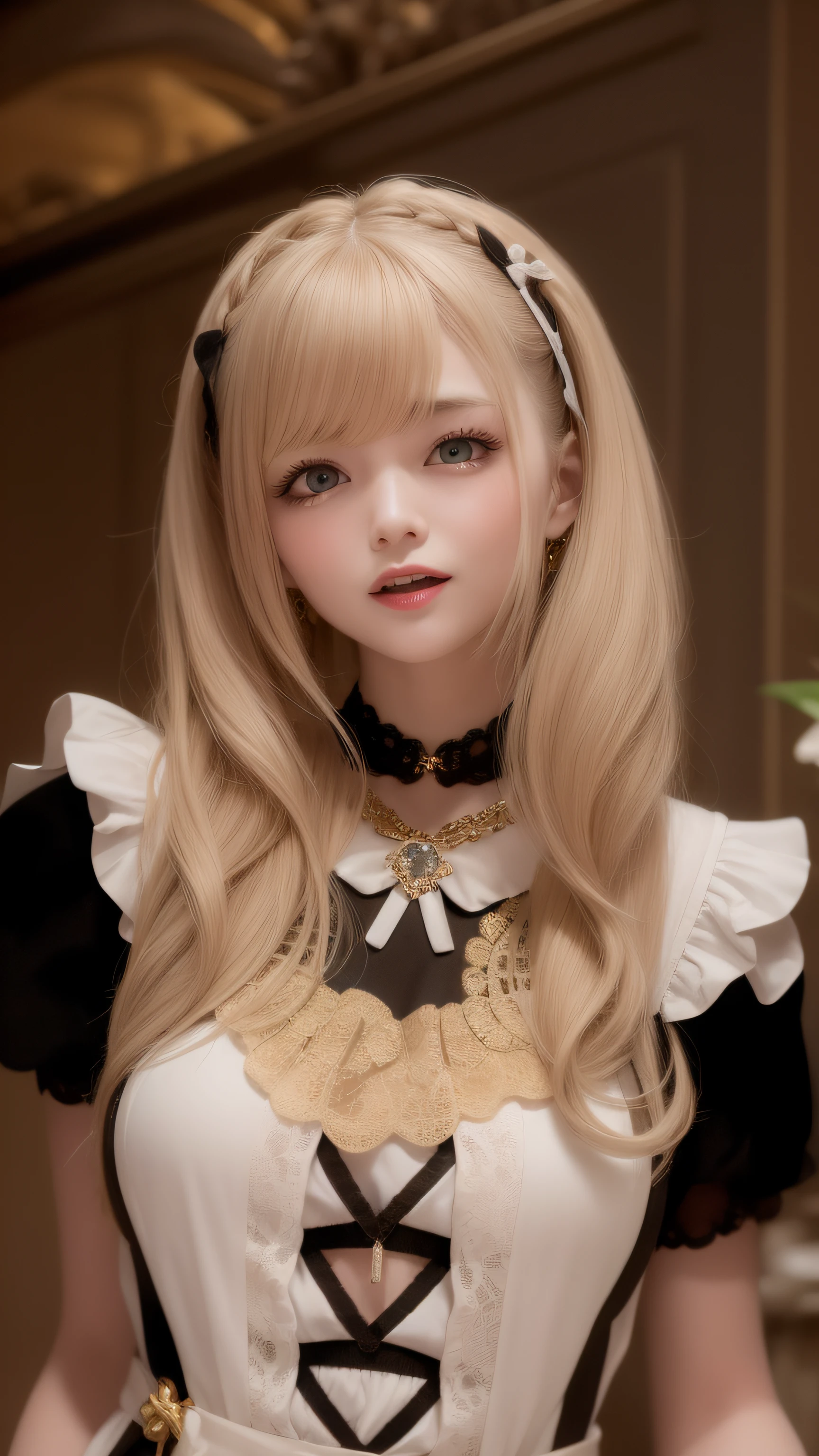 Blonde girl with black and white lace dress and gold necklace, Loli, inspired by Li Chevalier, second life avatar, portrait of lolita, blond hair with pigtails, cattie - brie of mithril hall, cabellos largos dorados, inspired by Sim Sa-jeong, shikamimi, lblsck hair, extremely pale blond hair,Smart eyes,Naughty laughter,Bad laughs,Narrow laugh,The corners of one side of the mouth rise