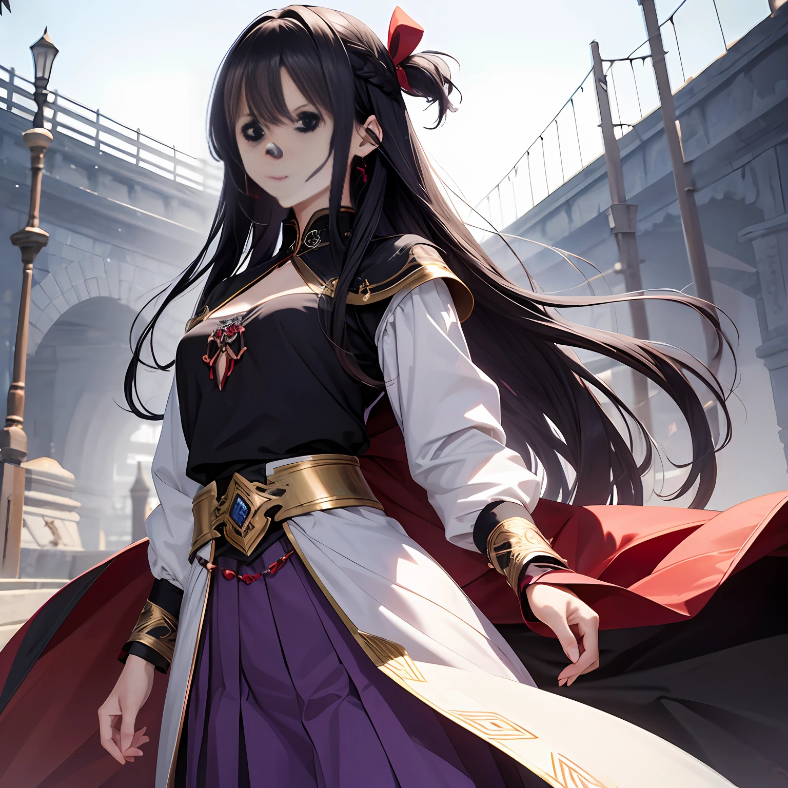 Female figure straight hair，With a purplish-black sheen，Obsidian armor covers the chest，A scarred purple blouse and long skirt fluttered in the breeze，The thin scabbard is pinned to the waist。Small face with dimples、The bridge of the nose is slightly upturned，Blue eyes are clear，Black hair tied with a red headband、And a dull strand of hair。 --auto