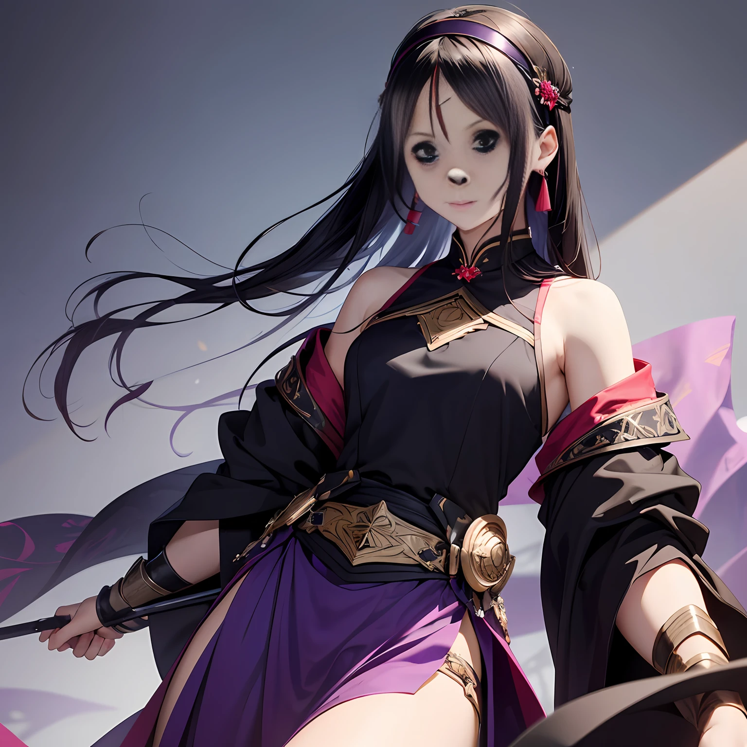 Female figure straight hair，With a purplish-black sheen，Obsidian armor covers the chest，A scarred purple blouse and long skirt fluttered in the breeze，The thin scabbard is pinned to the waist。Small face with dimples、The bridge of the nose is slightly upturned，Blue eyes are clear，Black hair tied with a red headband、And a dull strand of hair。 --auto