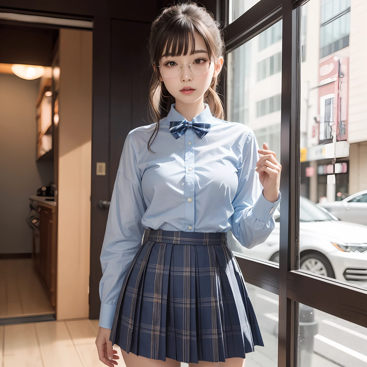 (8K、Raw photography、top-quality、masterpiece:1.2),full body Esbian,masterpiece,top-quality、超A high resolution,Raw photo,ren,Beautiful fece,shorth hair,One Person, 独奏,eye glass,,Dark look,Small breasts,fullllbody,Round glasses、cute little、A Japanese Lady,is standing,(Tight eyes,Bullish,skinny,Rasping,irate,small tits,flat breast)、(Photorealsitic:1.37)、Photon mapping,Light blue ribbon,Realistic、Cute little face,Brown-eyed、Black socks、Red bow tie、Radio City、Physically Based Rendering、Foreground、depth of fields、Blurry background、a picture,The girls、Body, Long legs, Thin leg, poneyTail,(Bangs are visible), hair, s lips, Blue_The eye, nosesoft, Light blue shirt, Navy blue and blue and white plaid pleated skirt, Sheer clothing,, Thigh, Black cotton socks,Nogizaka Idol, 女優, Japanese ido