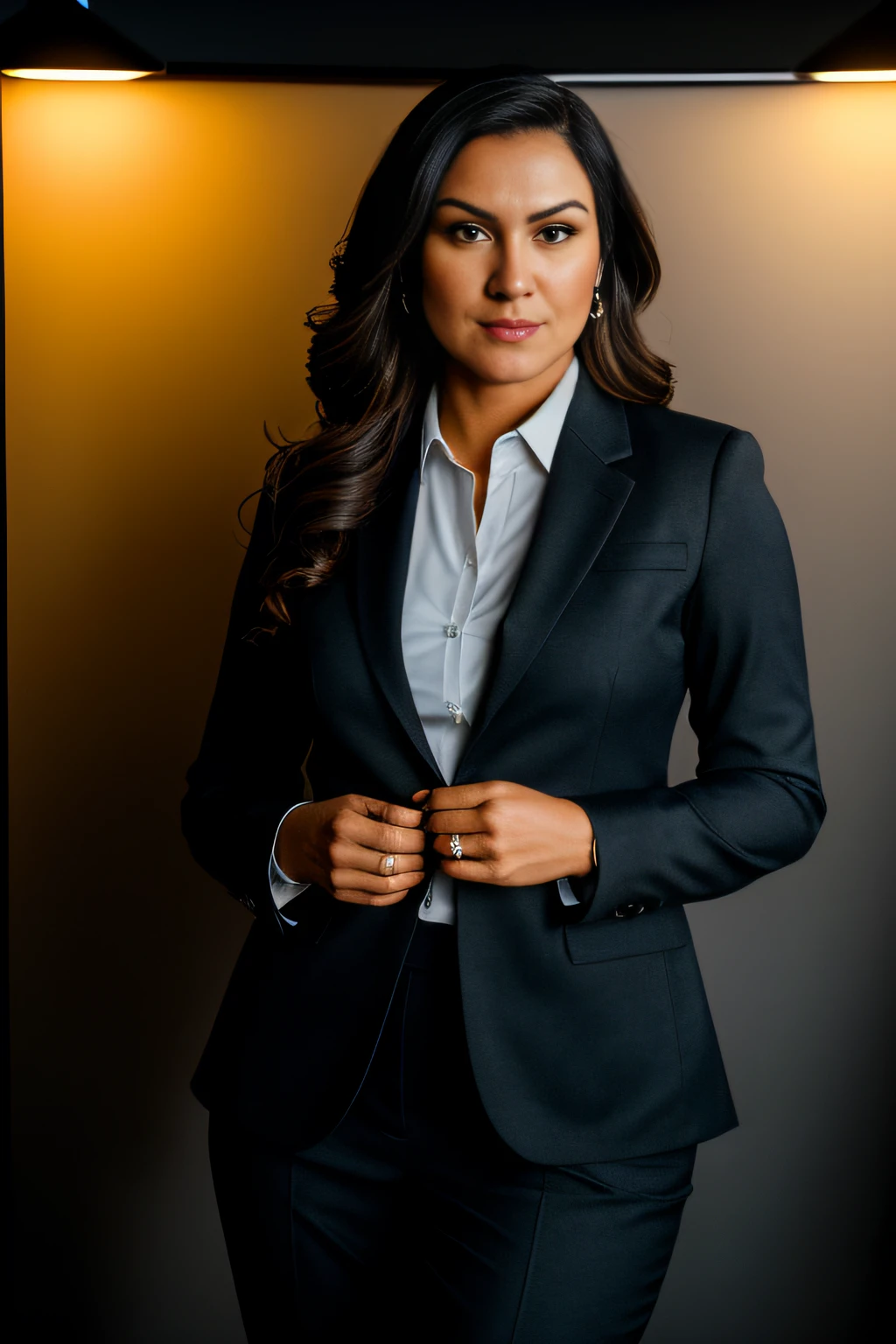 um retrato de uma mulher em um terno feminino, office lady, business suit, beautiful portrait lighting, posing in dramatic lighting, high contrast studio lighting, pele natural, 8k UHD, alta qualidade, filmic grain, Fujifilm XT3