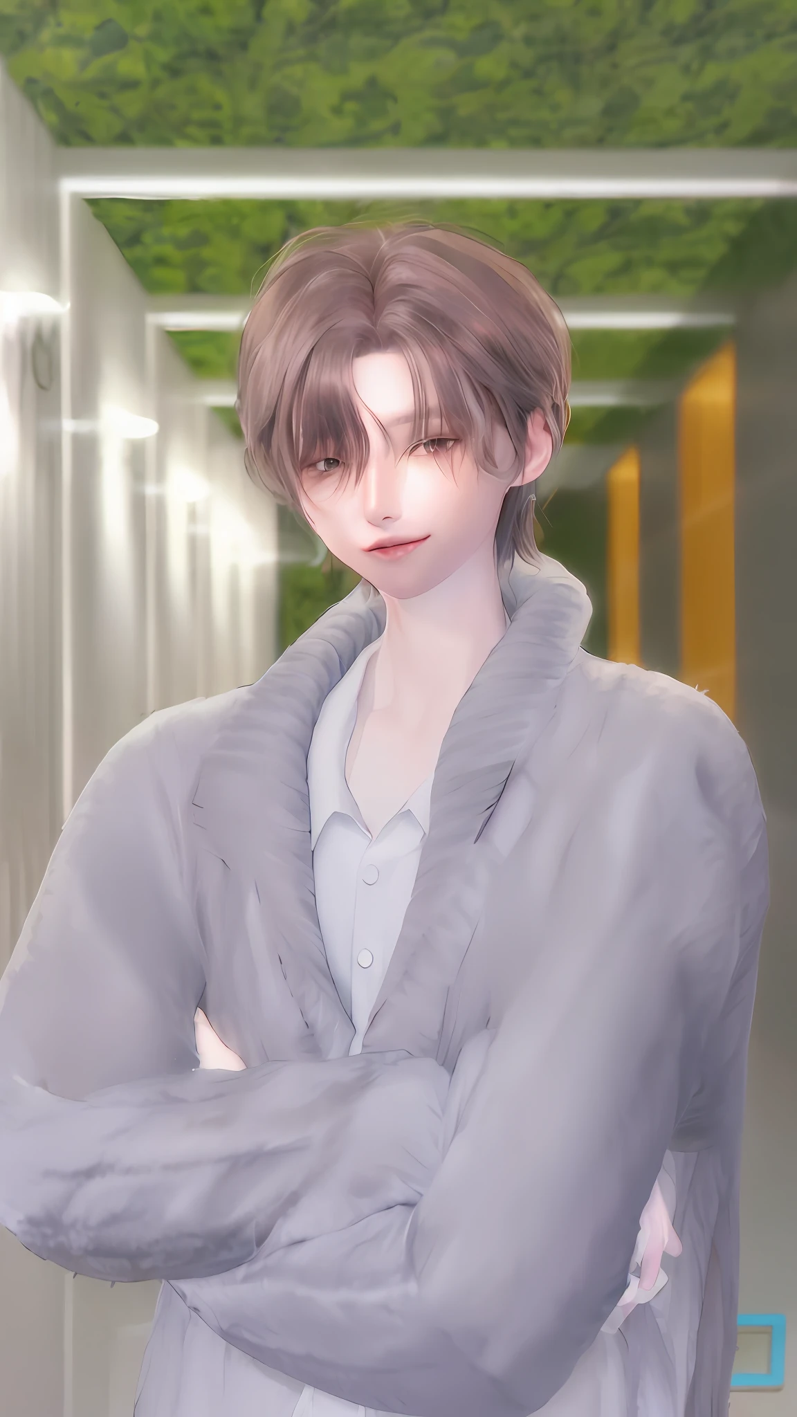 Man in gray coat standing in hallway, ((wearing aristocrat robe)), delicate androgynous prince, inspired by Sim Sa-jeong, inspired by Ma Yuanyu, inspired by Bian Shoumin, cloth sim, (winking), soft portrait, inspired by Ren Renfa, pale snow-white skin, With short hair, sakimichan