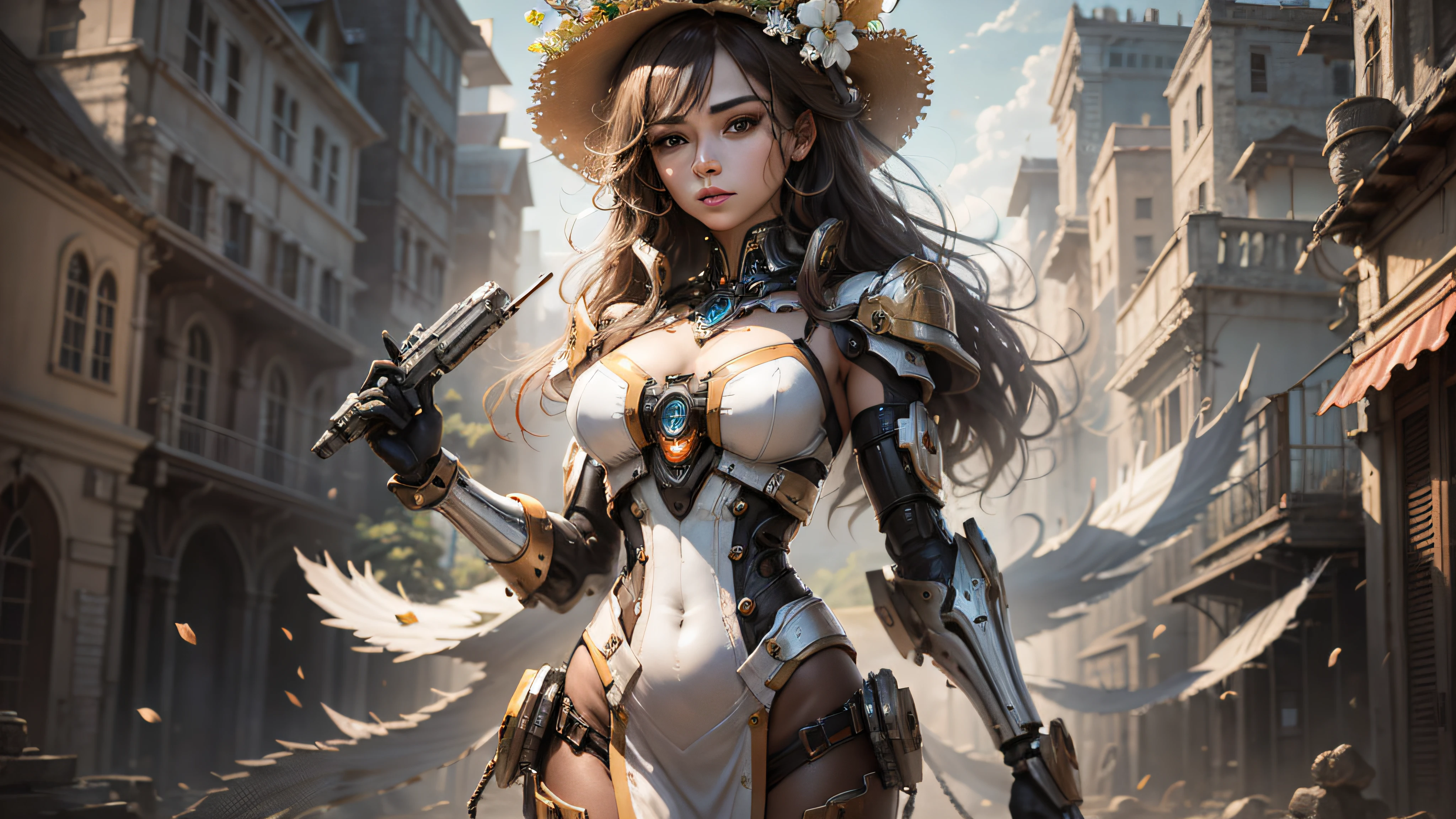 A Helder Arte desenho AI da SeaArt, that AI artistic creativity in an easy and uncomplicated way, Beautiful and ornamental hat, corpo inteiro, vestido lindo e decotado, corpo escultural, mecha de metal, desgastado,