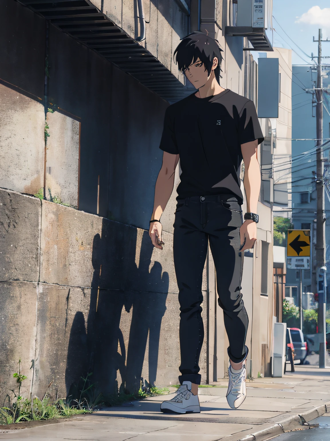 Anime men,The shirt,black color hair,denim pant,standing on your feet,white backgrounid, --auto