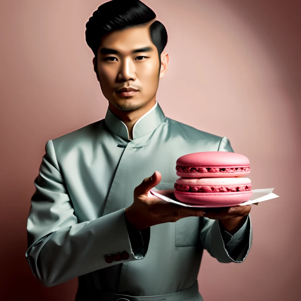 A Henderson Asian man holding a pink macaron