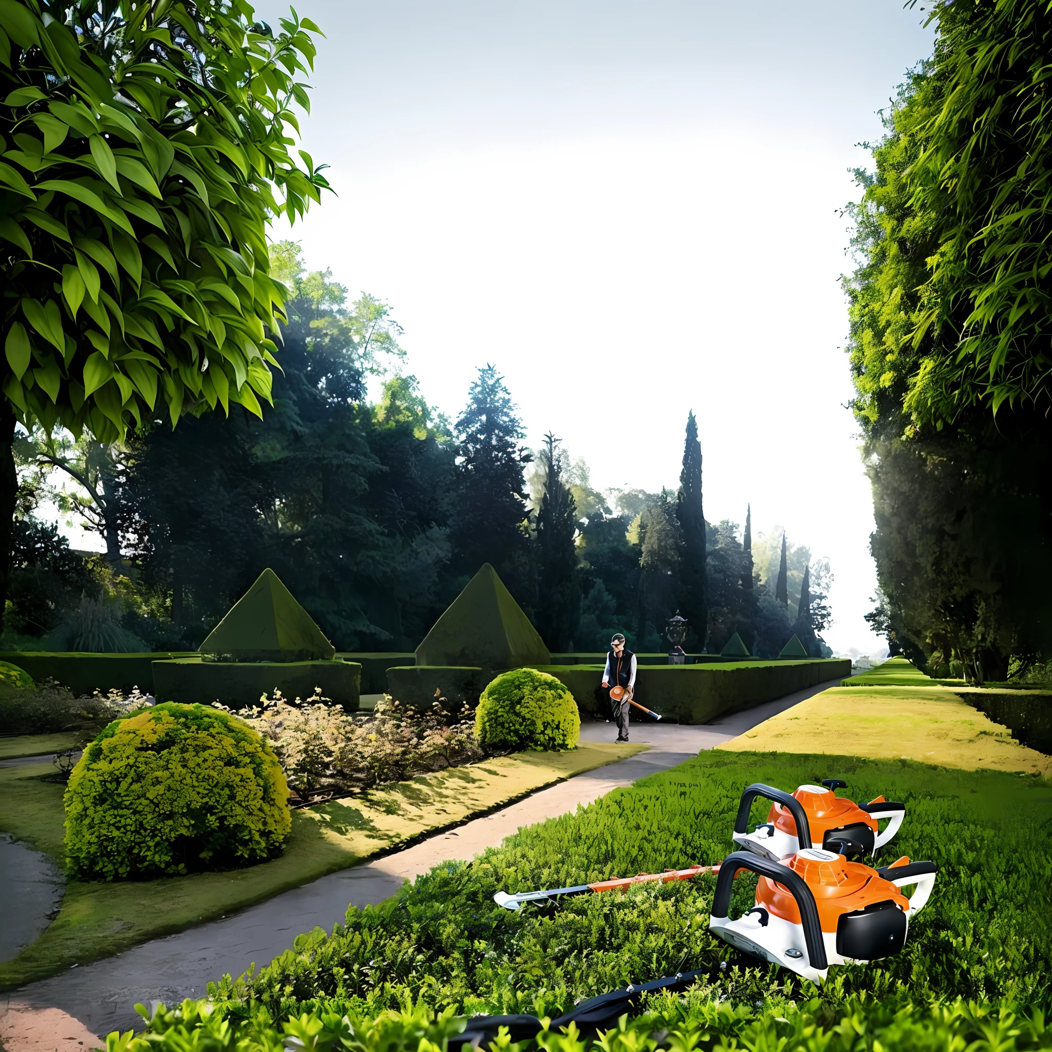 Close-up of lawn with hedge trimer and walking person in background, gardening, hedge, Lush surroundings, royal garden landscape, delightful surroundings, stunning visuals, masterful art, Professional work, Unbelievably beautiful, manicured garden of eden, dreamlike art, Steph, stunningly beautiful, Incredibly beautiful, breathtaking art, garden environment, stunning design, inspiring art, on the garden