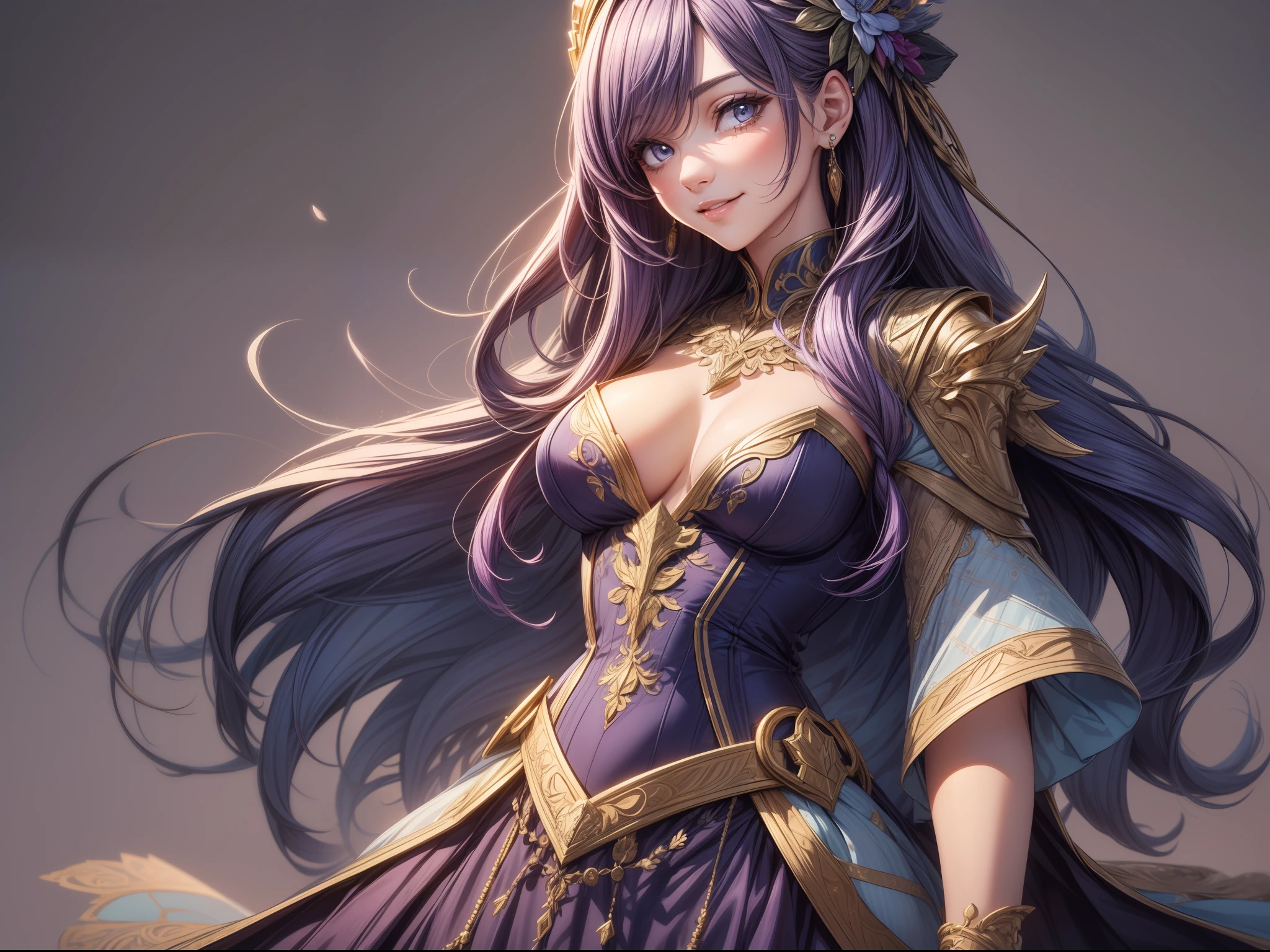 (masterpiece), ultra detailed, 8k, ((A character sheet:1.4)) or reference sketch of a a beauty gal girl, with colorful dress, she has long hair, and she smiling, with purple hair, ultra realistic and sharp detail and intricate, intricate details, and style, simple background
illustration,