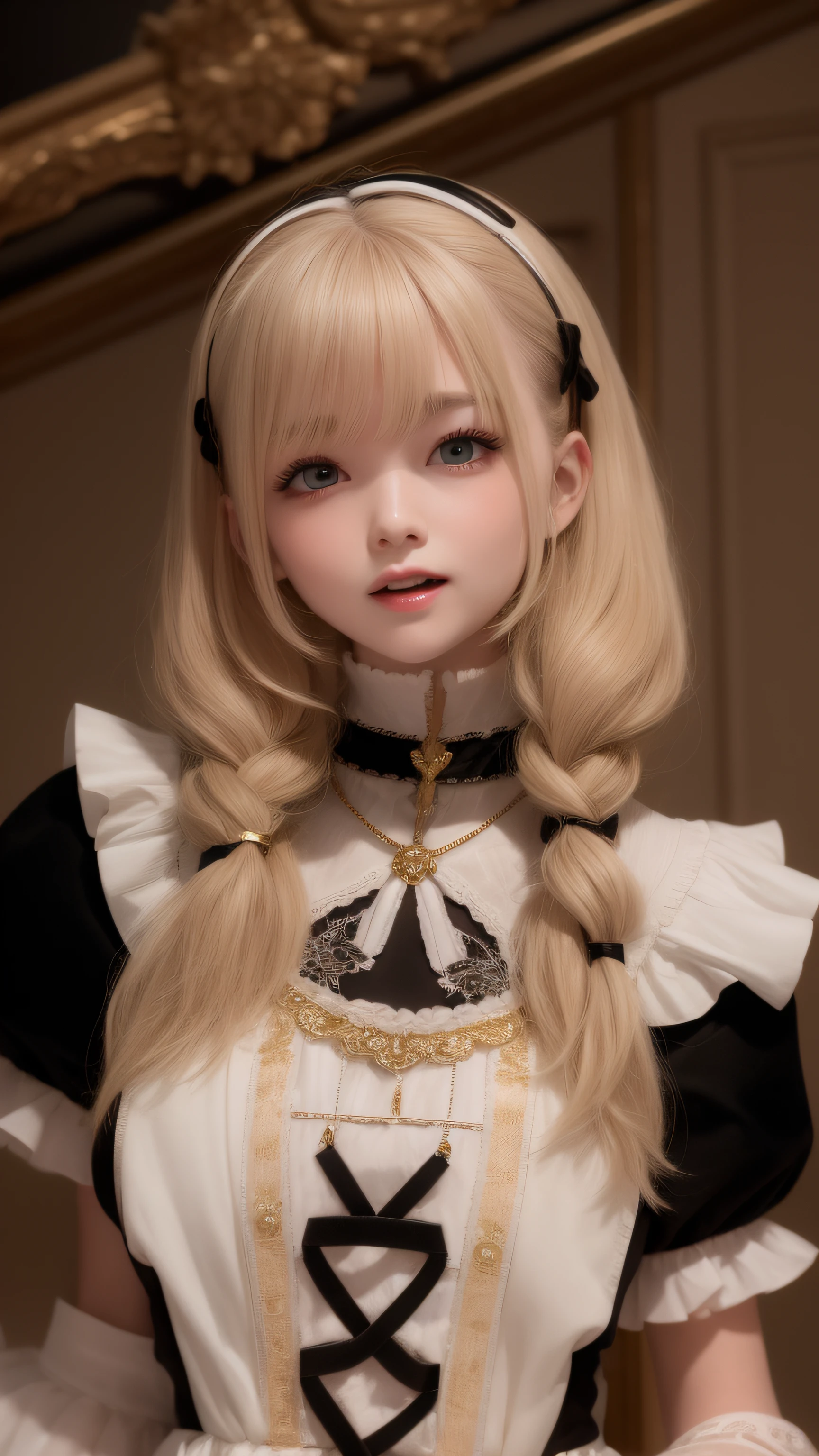 Blonde girl with black and white lace dress and gold necklace, , inspired by Li Chevalier, second life avatar, portrait of loliblond hair with pigtails, cattie - brie of mithril hall, cabellos largos dorados, inspired by Sim Sa-jeong, shikamimi, lblsck hair, extremely pale blond hair,Smart eyes,Naughty laughter,Bad laughs,Narrow laugh,The corners of one side of the mouth rise
