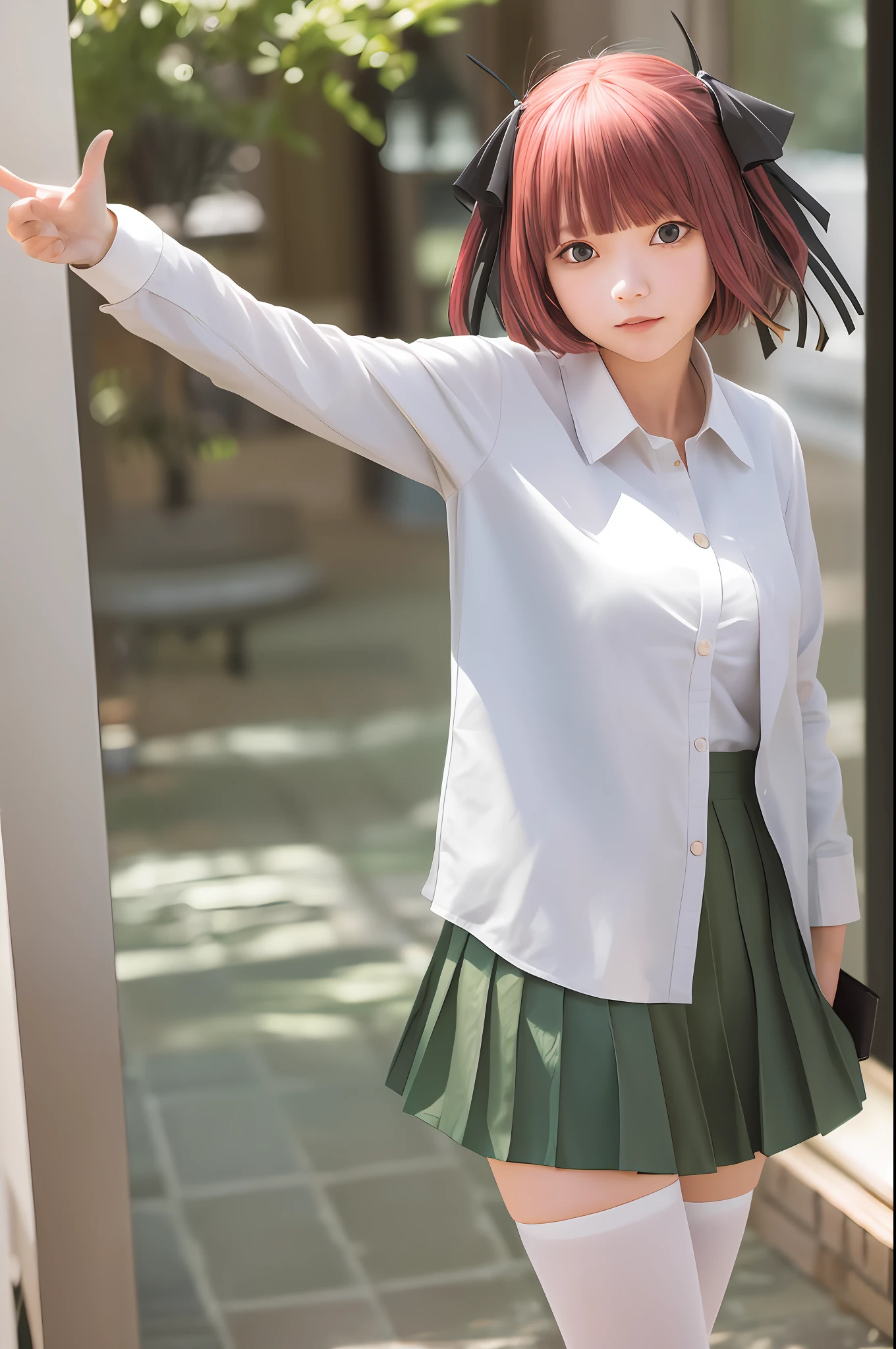 masterpiece, best quality, highres, nn1, 1girl, hair ribbon, short hair, green skirt, white shirt, black cardigan, open clothes, white thighhighs, long sleeves, cowboy shot, standing, waving,