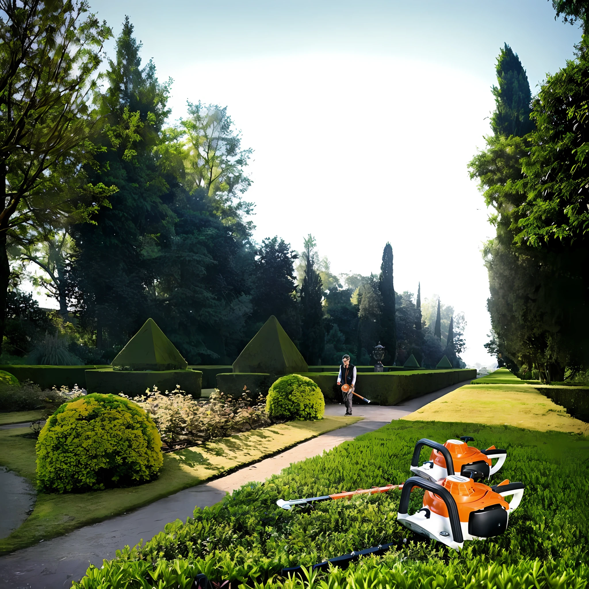 Close-up of lawn with hedge trimer and walking person in background, gardening, hedge, Lush surroundings, royal garden landscape, delightful surroundings, stunning visuals, masterful art, Professional work, Unbelievably beautiful, manicured garden of eden, dreamlike art, Steph, stunningly beautiful, Incredibly beautiful, breathtaking art, garden environment, stunning design, inspiring art, on the garden