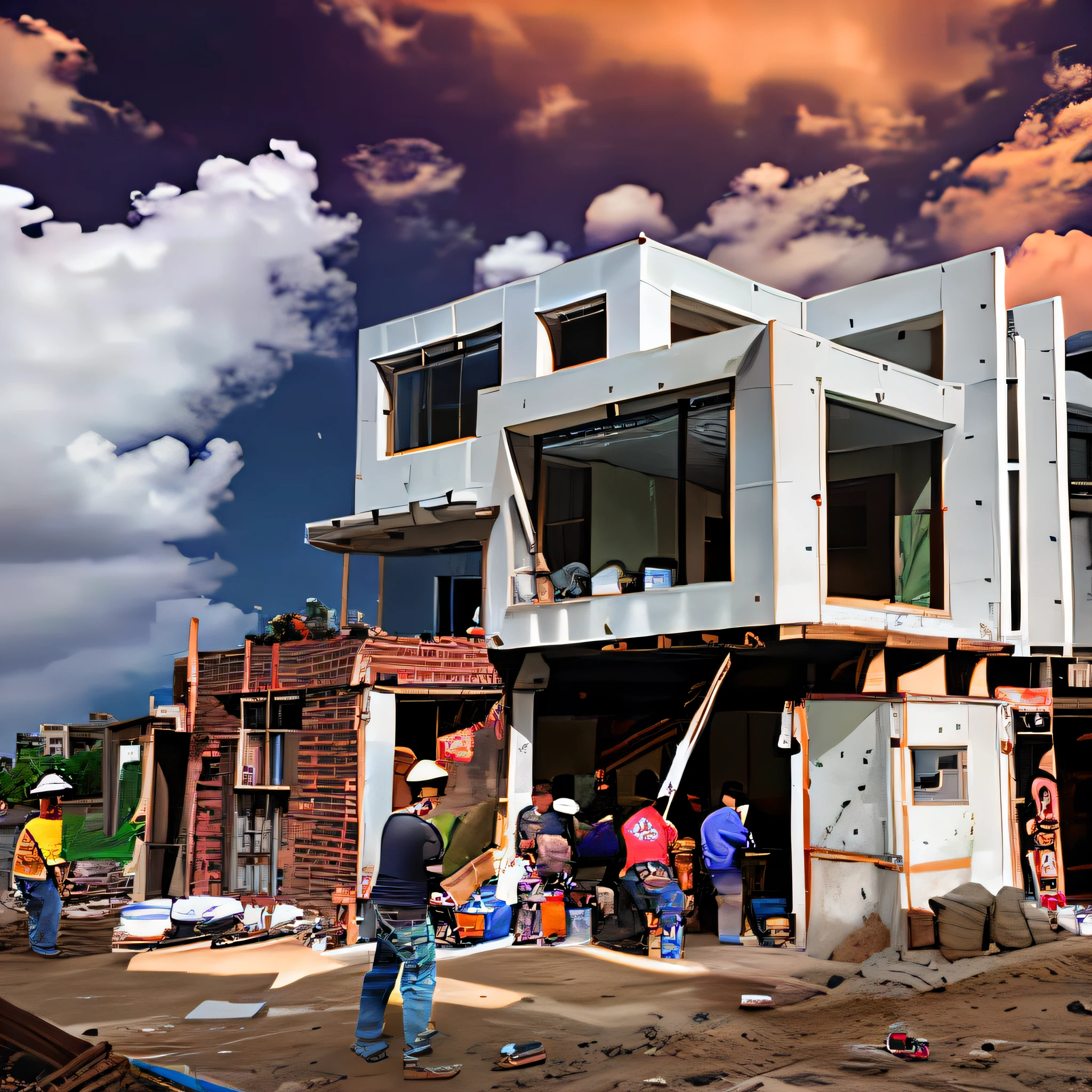 construction workers are working on a house under construction, brick and concrete, more worker, rough brick, no glass, more brick, more rough wall, remove glass window, more brick wall above