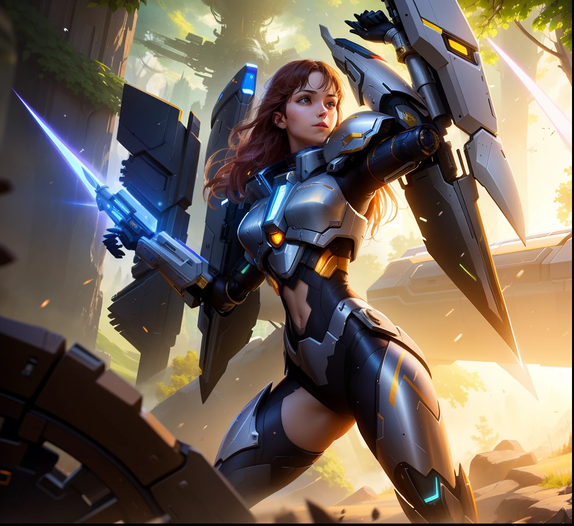 A woman in a futuristic suit holds a sword and a large shield, Girl in golden armor of mecha network, female mecha, Expose parts of the thighs and chest,epic scifi character art, epic fantasy sci fi illustration, High quality digital concept art, Science fiction fantasy art, cgsociety contest winner!!!, devianart and cgsociety, epic sci-fi character art, epic scifi character art --auto