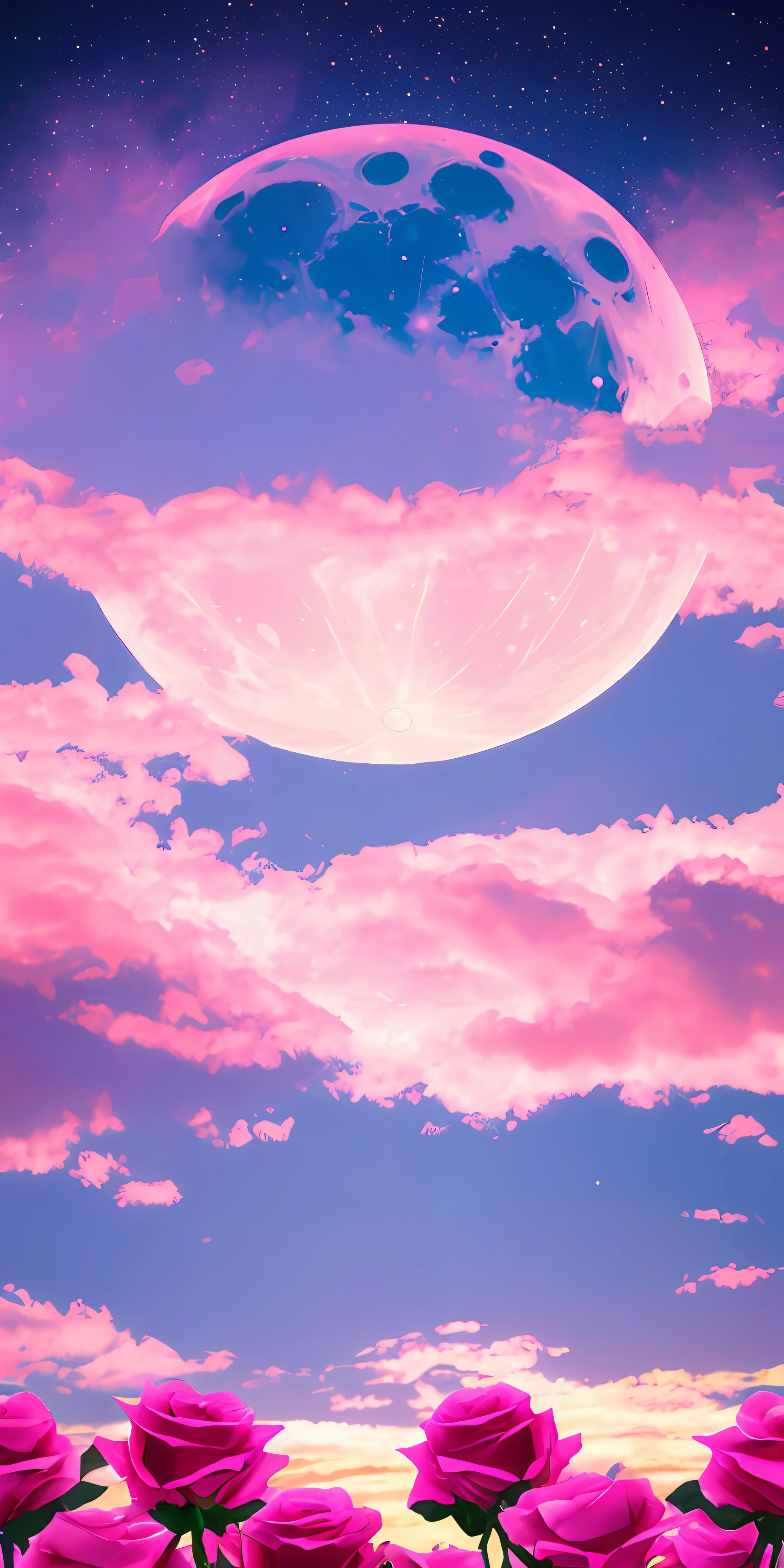 Pink moon, pink sky, soft pink clouds, pink ocean waves sparkling, sparkling, pink roses on pink ocean, fantasy, diamond, crown, universe, soft lights,