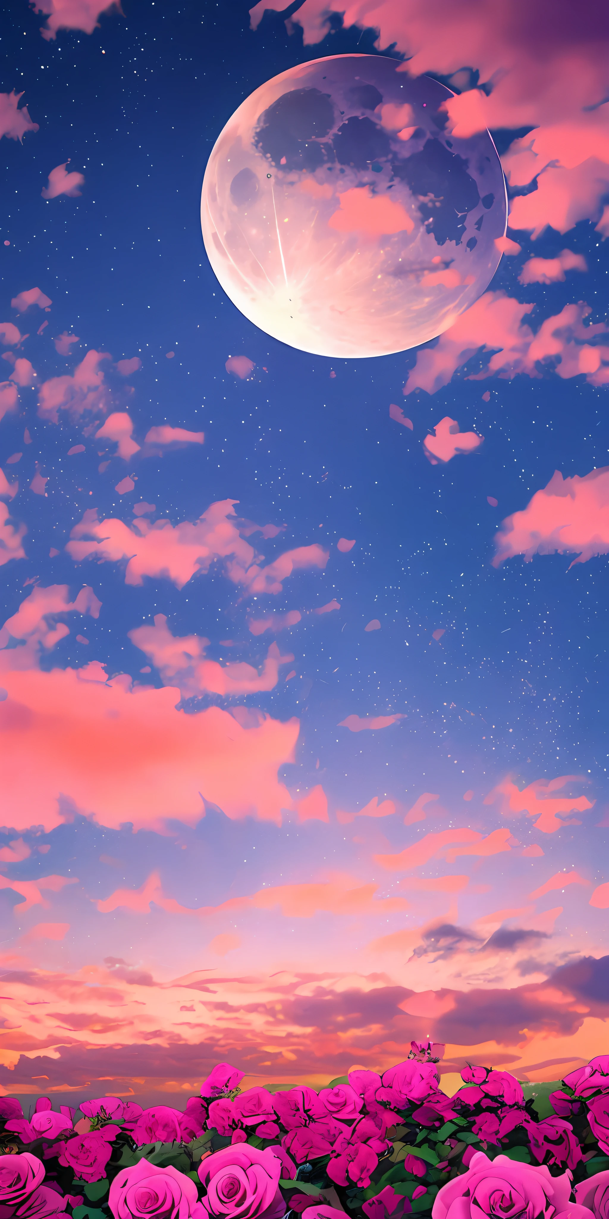 Pink moon, pink sky, soft pink clouds, pink ocean waves sparkling, sparkling, pink roses on pink ocean, fantasy, diamond, crown, universe, soft lights,
