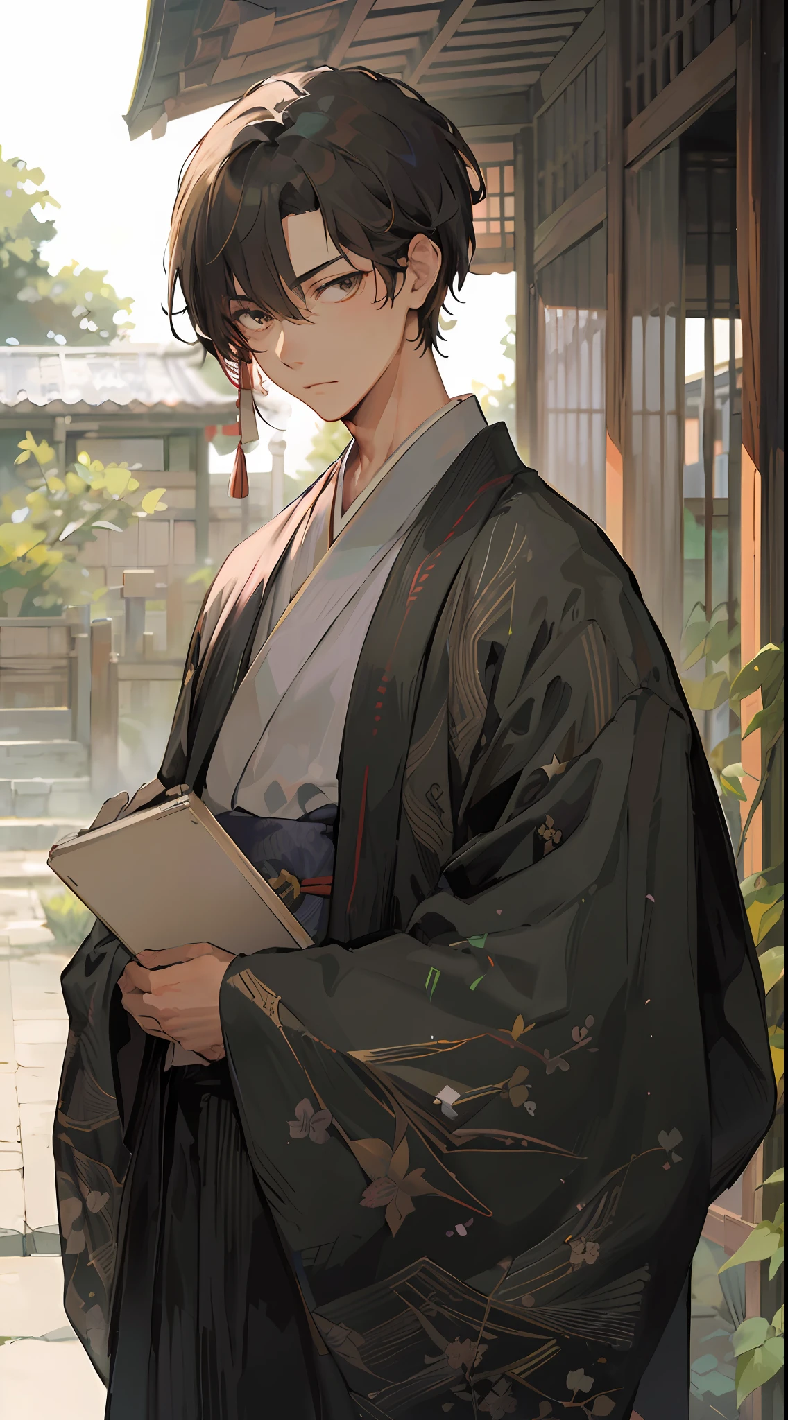 Anime character in kimono costume holding book in front of building, ((wearing aristocrat robe)), handsome guy in demon slayer art, in a kimono, wearing a haori, inspired by Masanobu Okumura, hijikata toushirou, in a kimono, inspired by Itō Ogura Yonesuke, wearing black robe