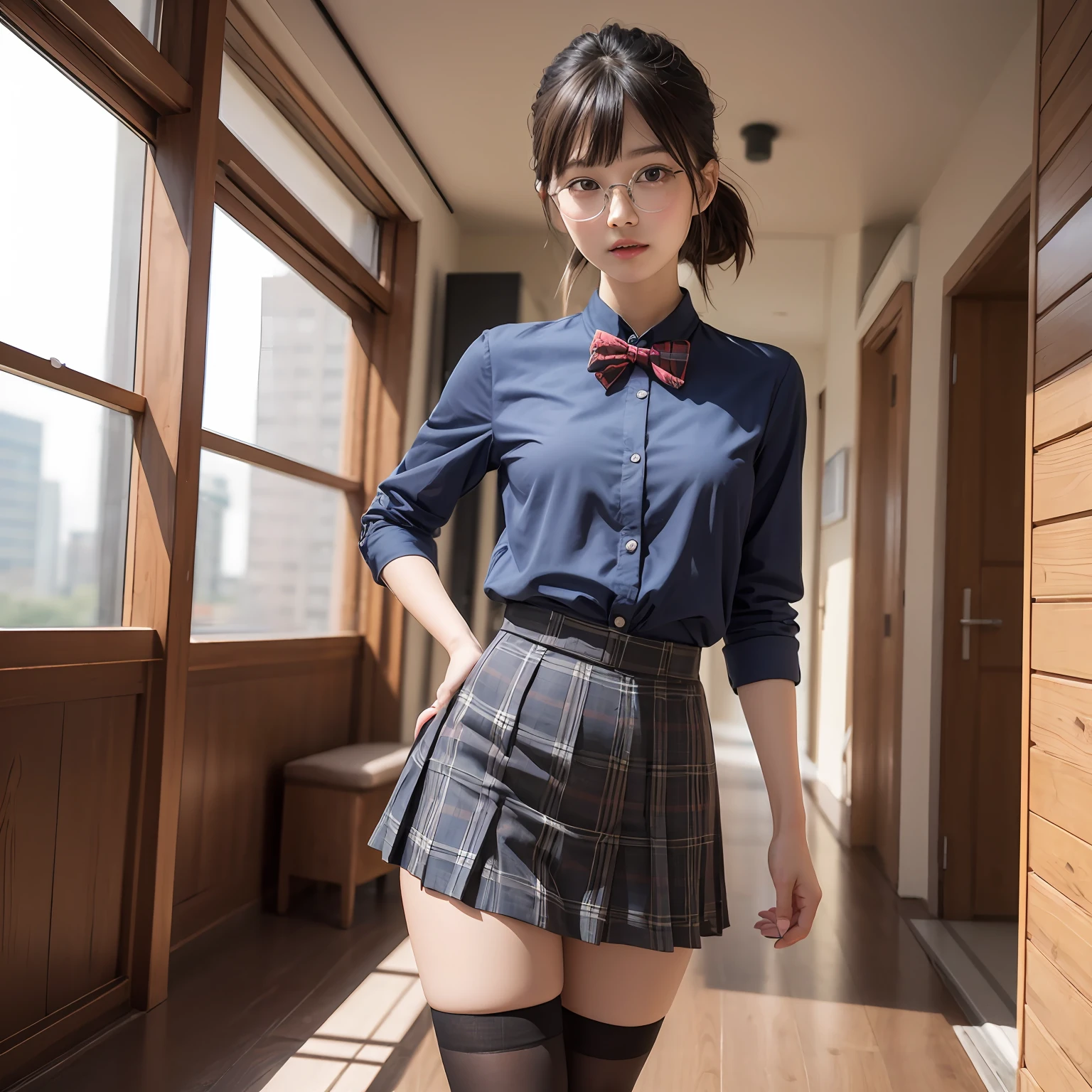 （8K、Raw photography、top-quality、​masterpiece：1.2）,full body Esbian,​masterpiece,top-quality、超A high resolution,Raw photo,ren,Beautiful fece,shorth hair,One Person, 独奏,eye glass,,Dark look,Small breasts,fullllbody,Round glasses、cute little、A Japanese Lady,is standing,(Tight eyes,Bullish,skinny,Rasping,irate,small tits,flat breast)、（Photorealsitic：1.37）、Photon mapping,Light blue ribbon,Realistic、Cute little face,Brown-eyed、Black socks、Red bow tie、Radio City、Physically Based Rendering、Foreground、depth of fields、Blurry background、a picture,The girls、Body, Long legs, Thin leg, poneyTail,(Bangs are visible), hair, s lips, Blue_The eye, nosesoft,  Light blue shirt, Navy blue and blue and white plaid pleated skirt, Sheer clothing,, Thigh, Black cotton socks,Nogizaka Idol, 女優, Japanese ido