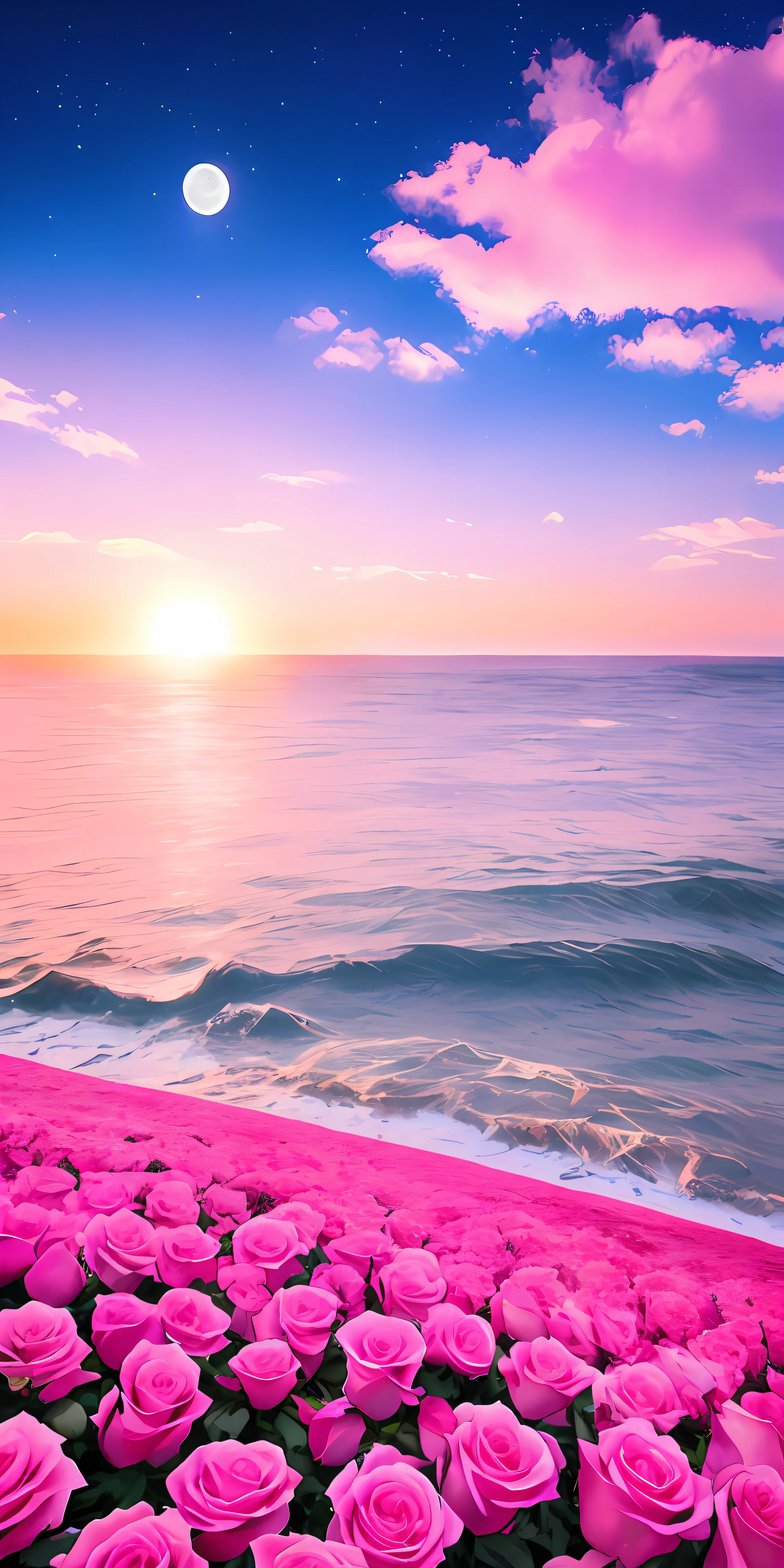 Pink moon, pink sky, soft pink clouds, pink ocean waves sparkling, sparkling, pink roses on pink ocean, fantasy, diamond, crown, universe, soft lights,