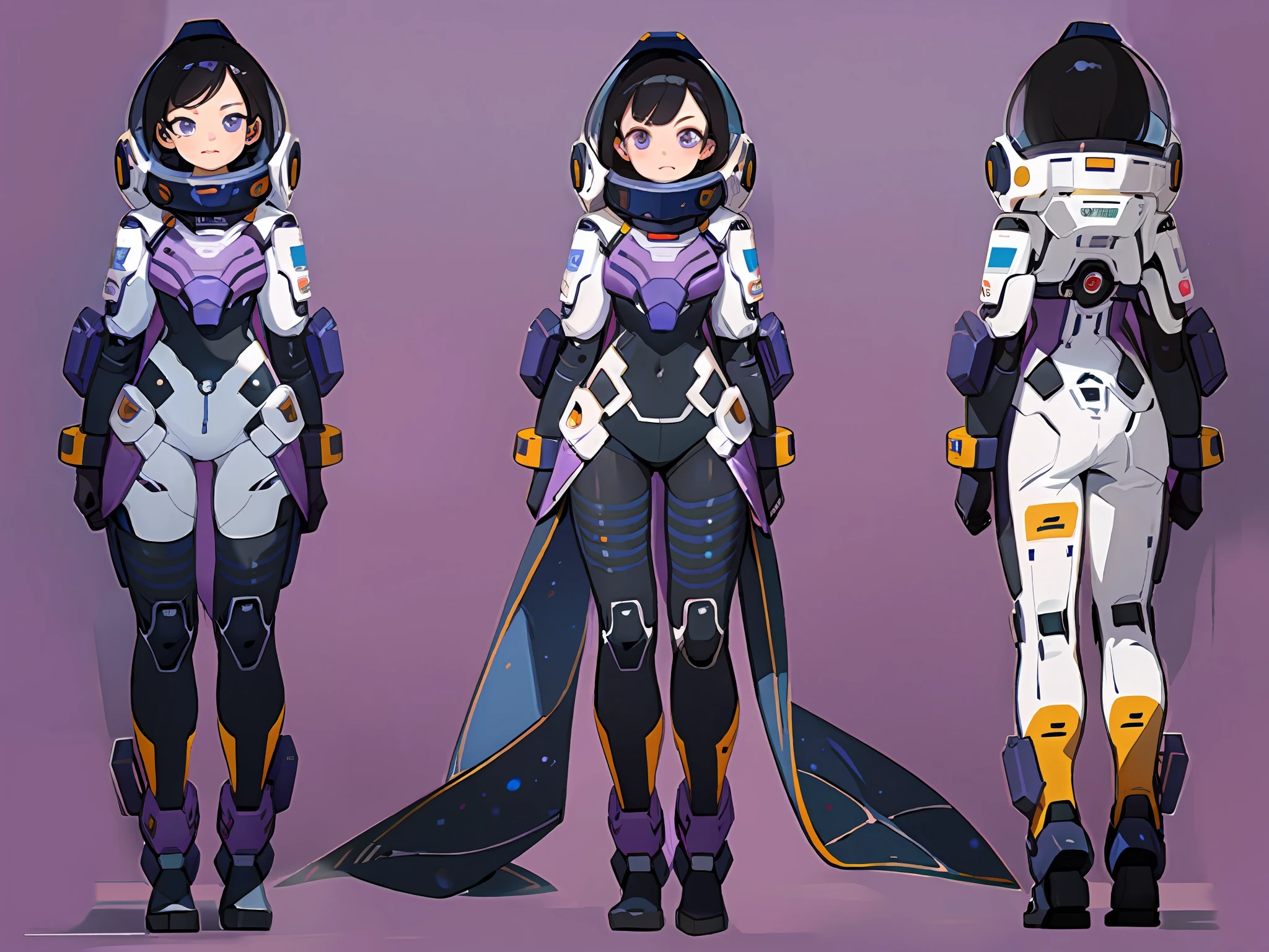 ((masterpiece)), (((best quality))), (character design sheet, same character full body, front, side, back), Illustration, 1 girl, ars old ,violet space suits, deep purple long straight hair, big eyes, long eyelash, environment change, pose kota,mars , female, decorted heavy space suits, japanese, charturnbetalora, (simple background, white background: 1.3) ,--6