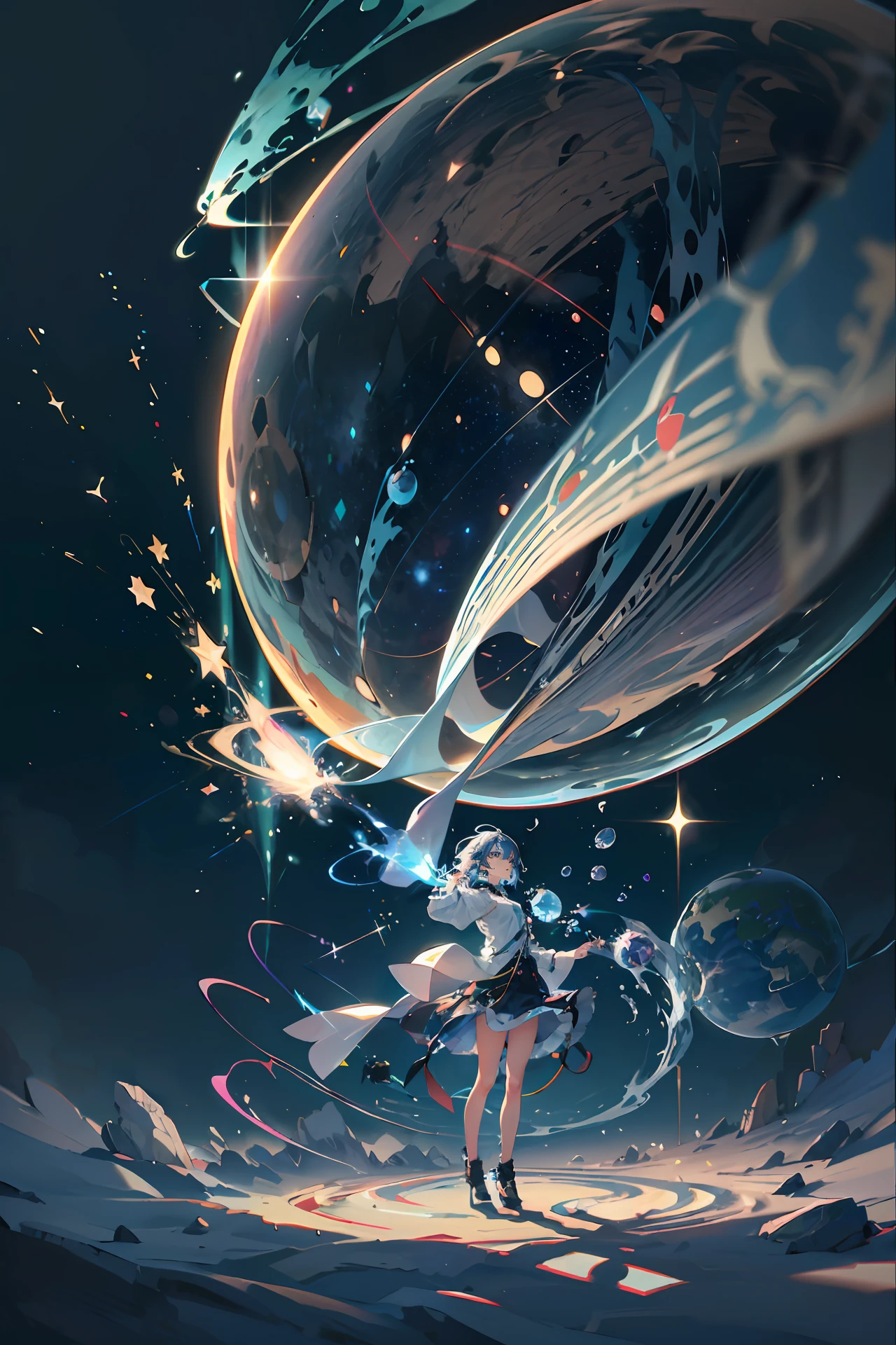 [(White background: 1.5), ::5] hexagon, 1 girl, mid-shot, full body, (frightening atmosphere), Tyndall effect, (balance and adjustment of all things), absurdity, blue flame, plasma, particle effect, crystal clear texture,star_ (sky\), universe, starry_sky, blue_eyes, galaxy, solo, short_hair,blue hair, hair rose ornaments, earth_\(planet\ ), Illumination, Light, Dynamic Angle, Depth of Field, Light and Shadow, Real Light and Shadow, Diffuse Reflection